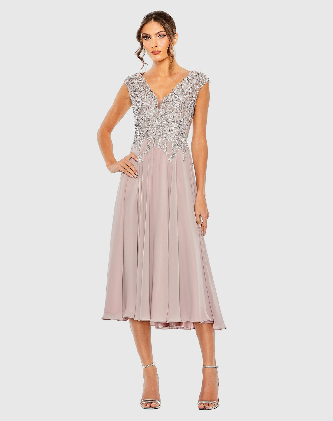 Purple Embroidered Chiffon A-Line Midi Dress | Mac Duggal Purple Embroidered Chiffon A-Line Midi Dress | Mac Duggal