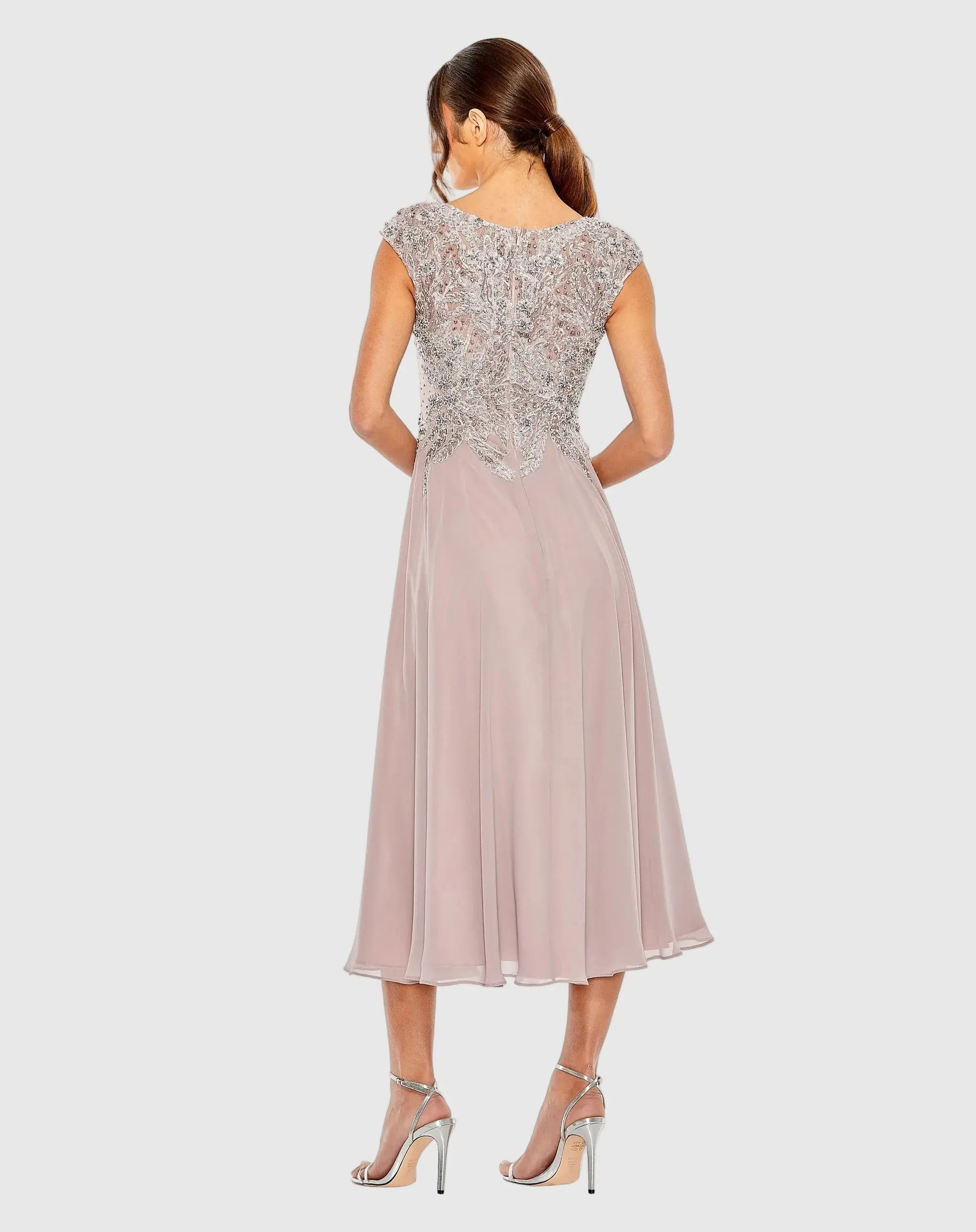 Purple Embroidered Chiffon A-Line Midi Dress | Mac Duggal Purple Embroidered Chiffon A-Line Midi Dress | Mac Duggal