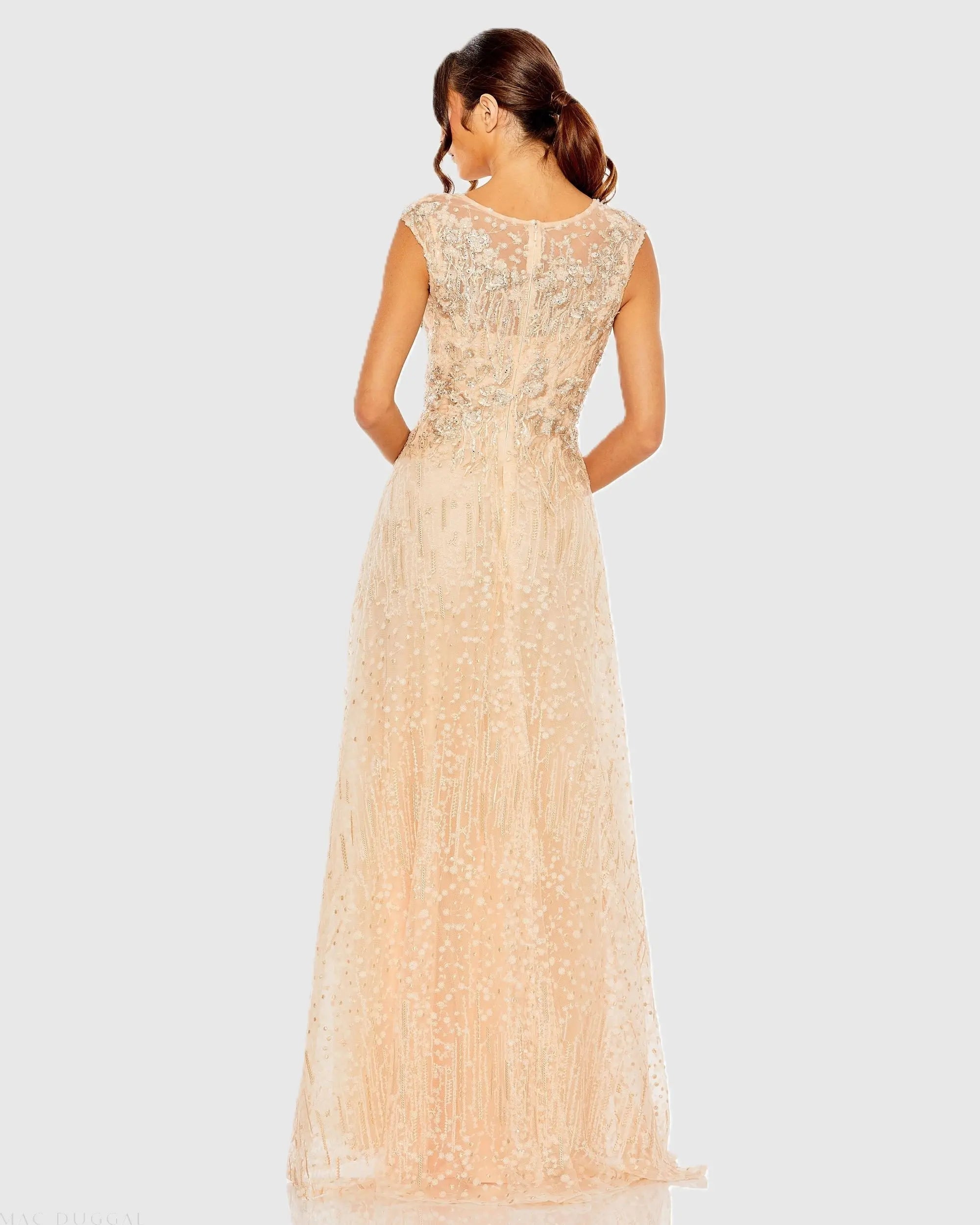 Light Orange High Neck Lace Embroidered Gown - Mac Duggal