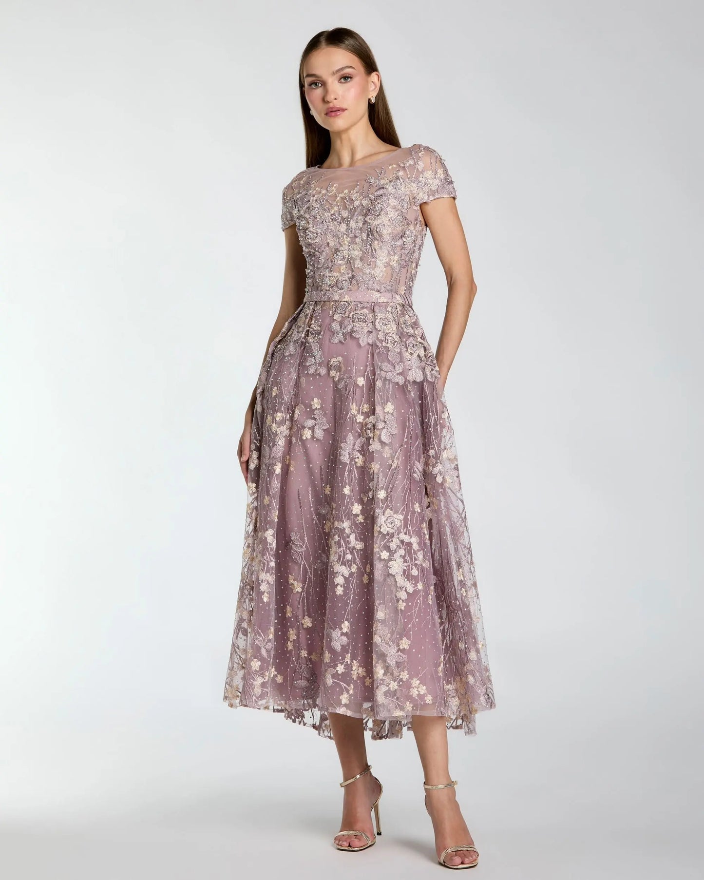 Purple Embroidered Cap Sleeve High Neck Midi Dress - Mac Duggal