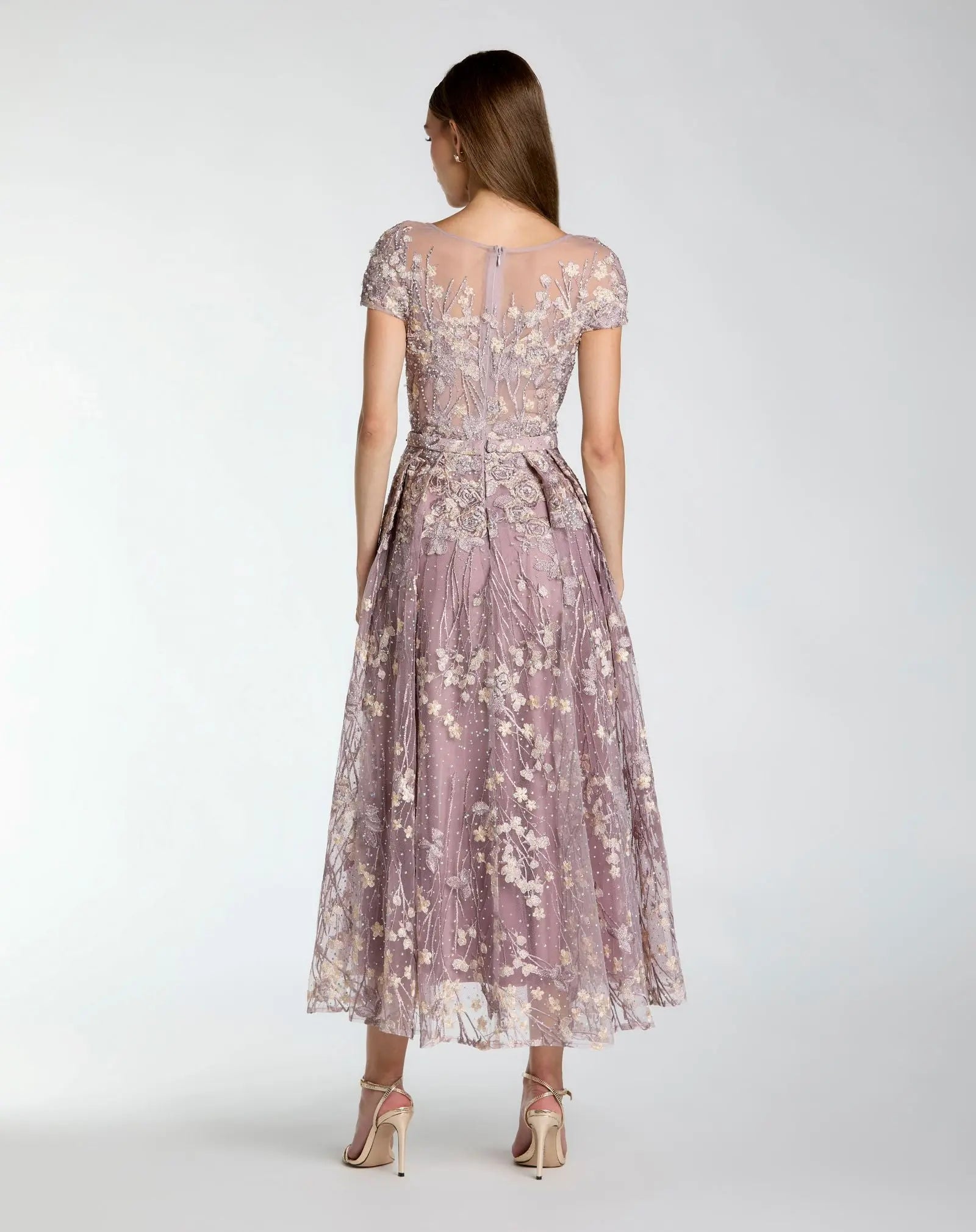 Purple Embroidered Cap Sleeve High Neck Midi Dress - Mac Duggal