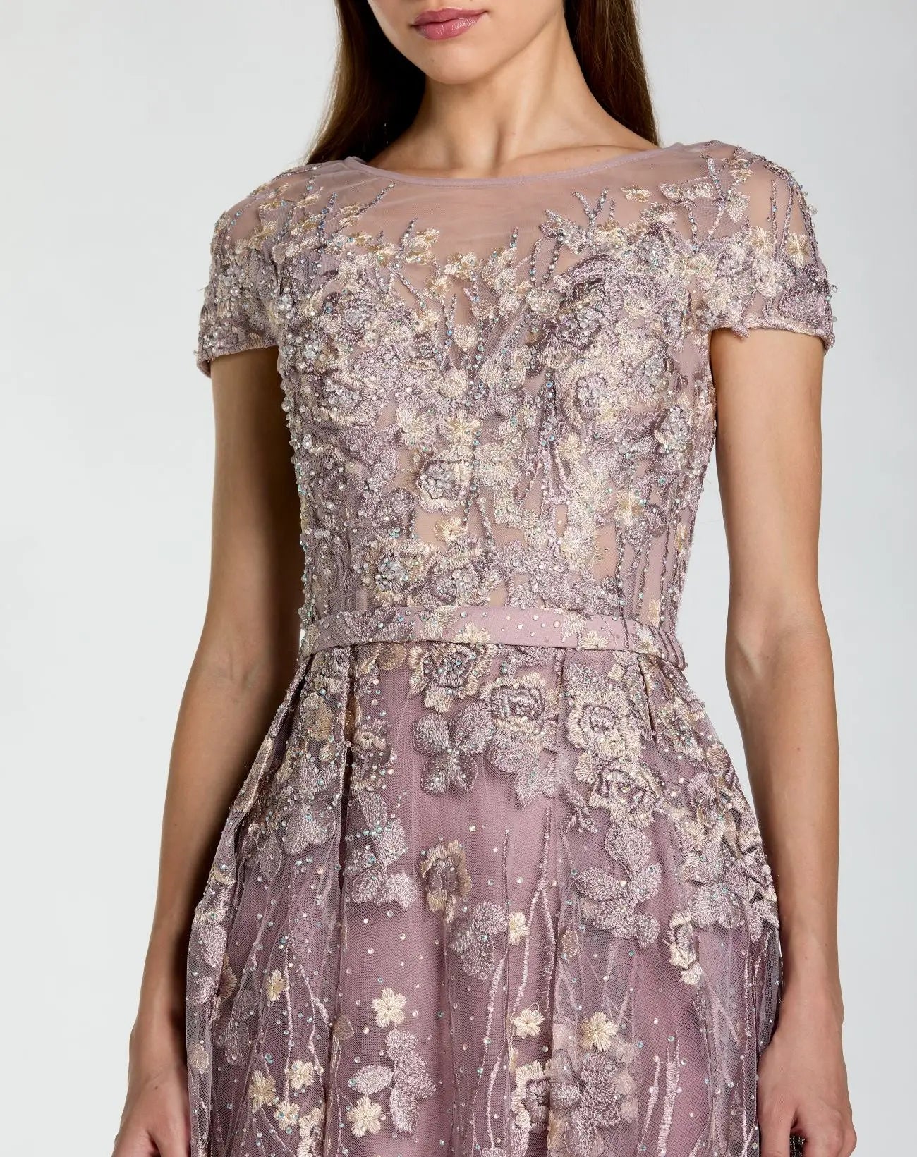 Purple Embroidered Cap Sleeve High Neck Midi Dress - Mac Duggal