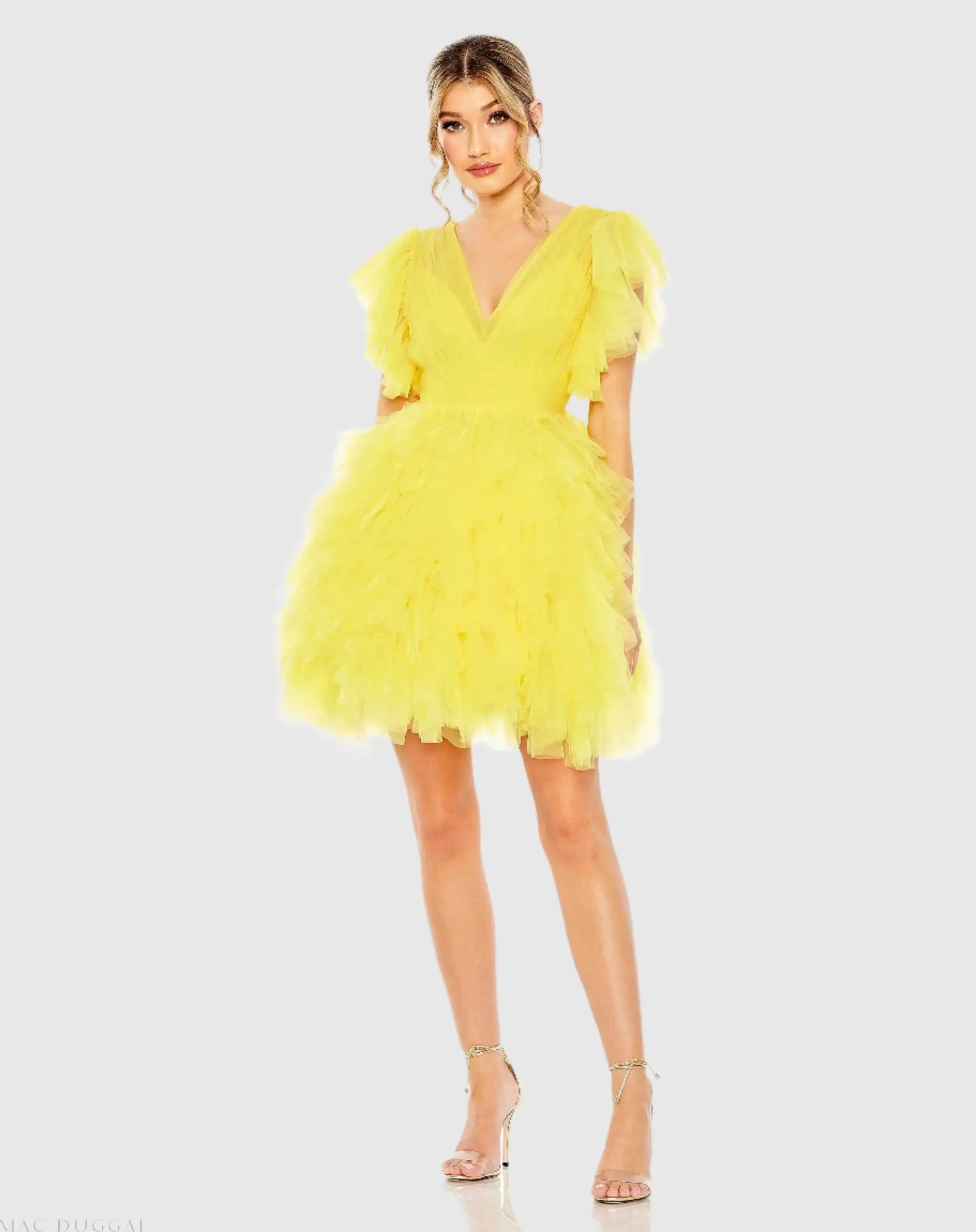 Yellow Flutter Ruffle Sleeve Tiered Dress - Mac Duggal