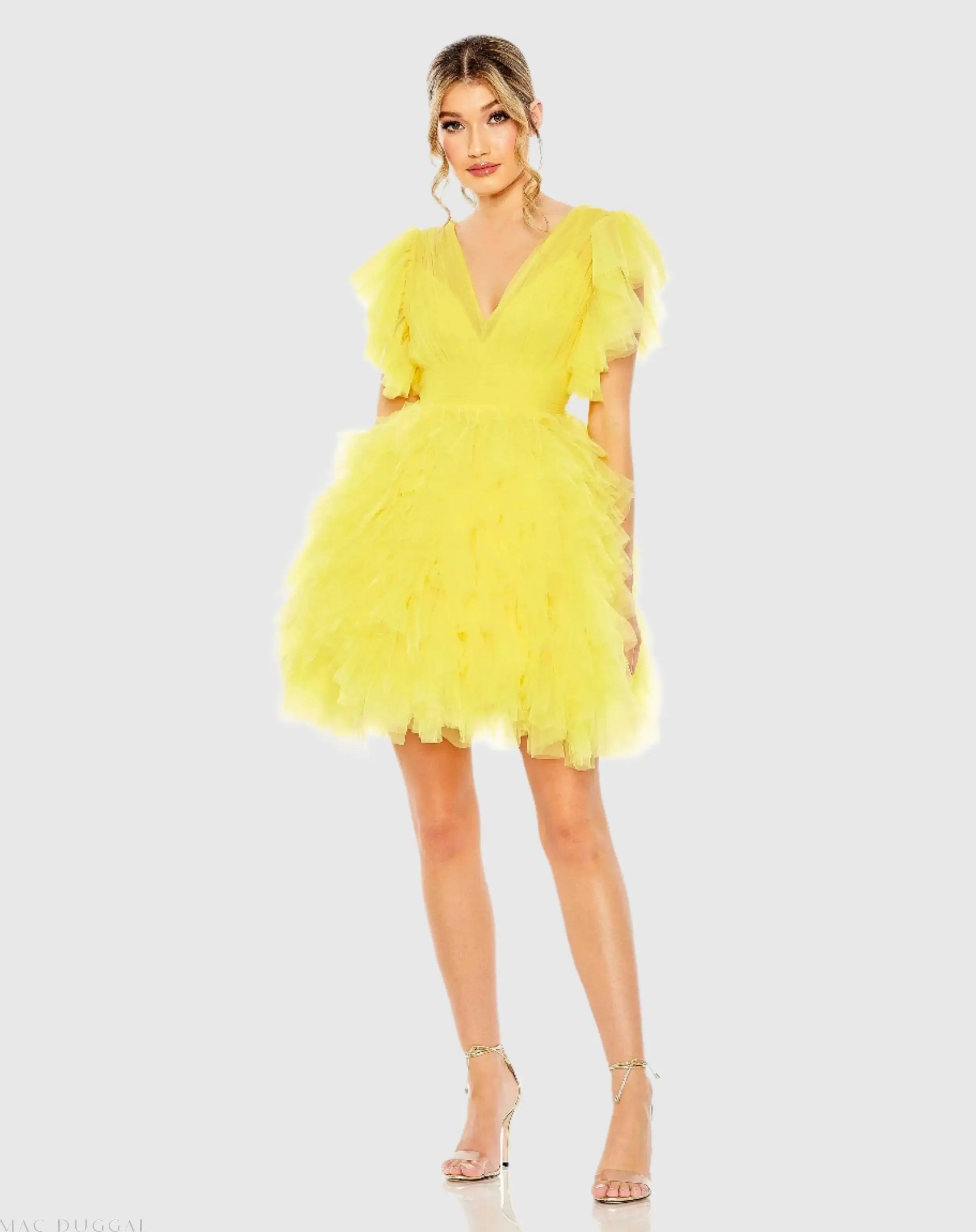 Yellow Flutter Ruffle Sleeve Tiered Dress - Mac Duggal