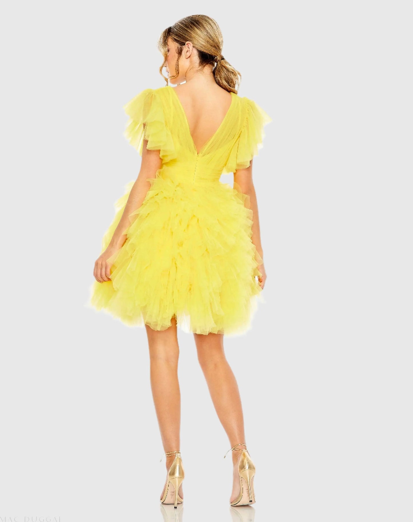 Yellow Flutter Ruffle Sleeve Tiered Dress - Mac Duggal