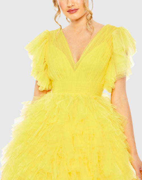 Yellow Flutter Ruffle Sleeve Tiered Dress