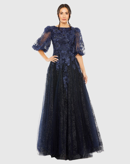 High Neck Puff Sleeve A Line Gown