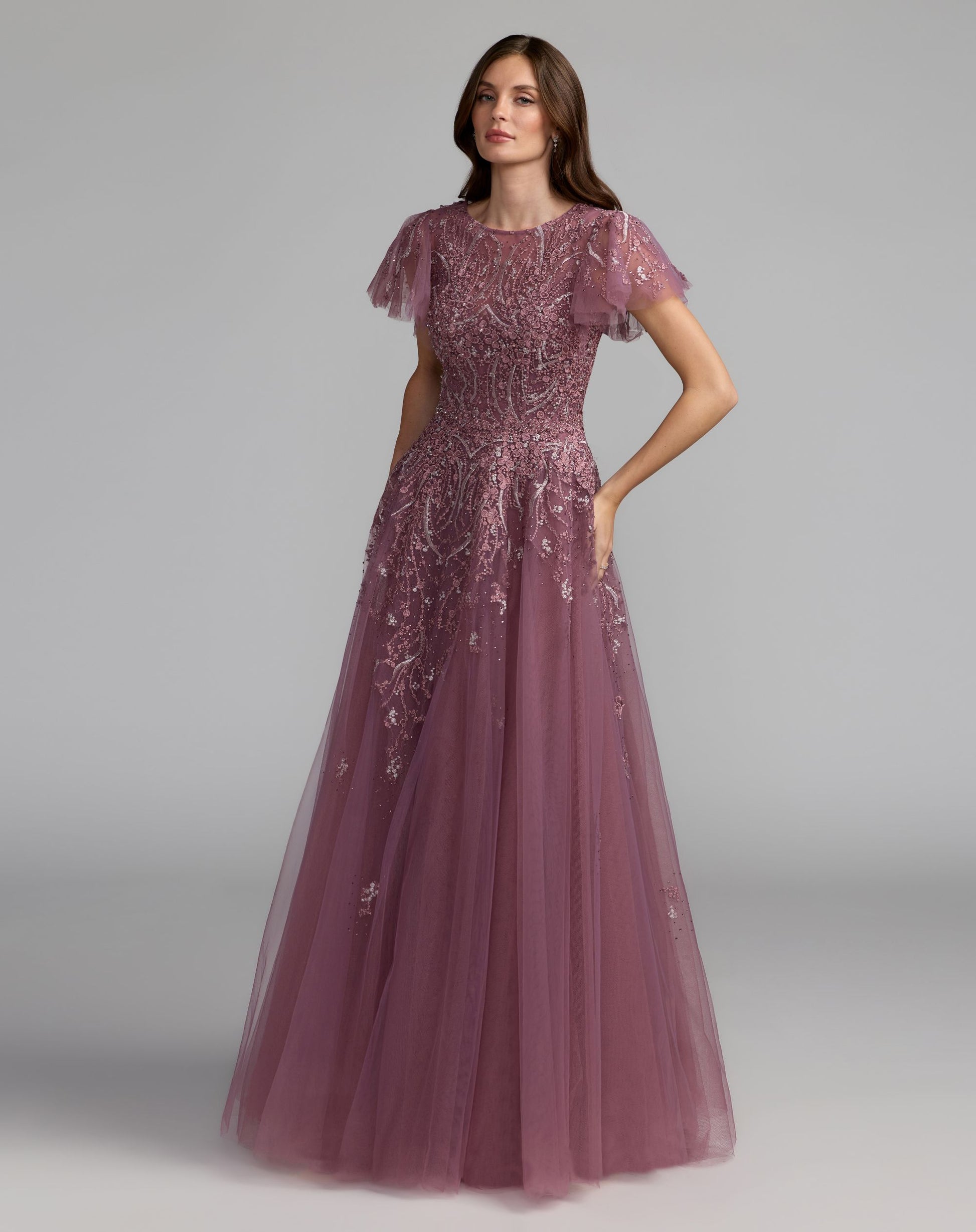 Purple Embroidered Tulle Flutter Sleeve Ball Gown - Mac Duggal
