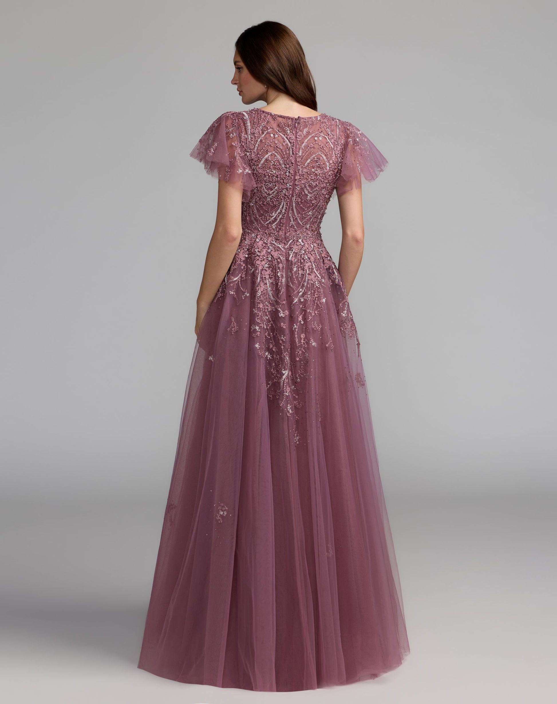 Purple Embroidered Tulle Flutter Sleeve Ball Gown - Mac Duggal