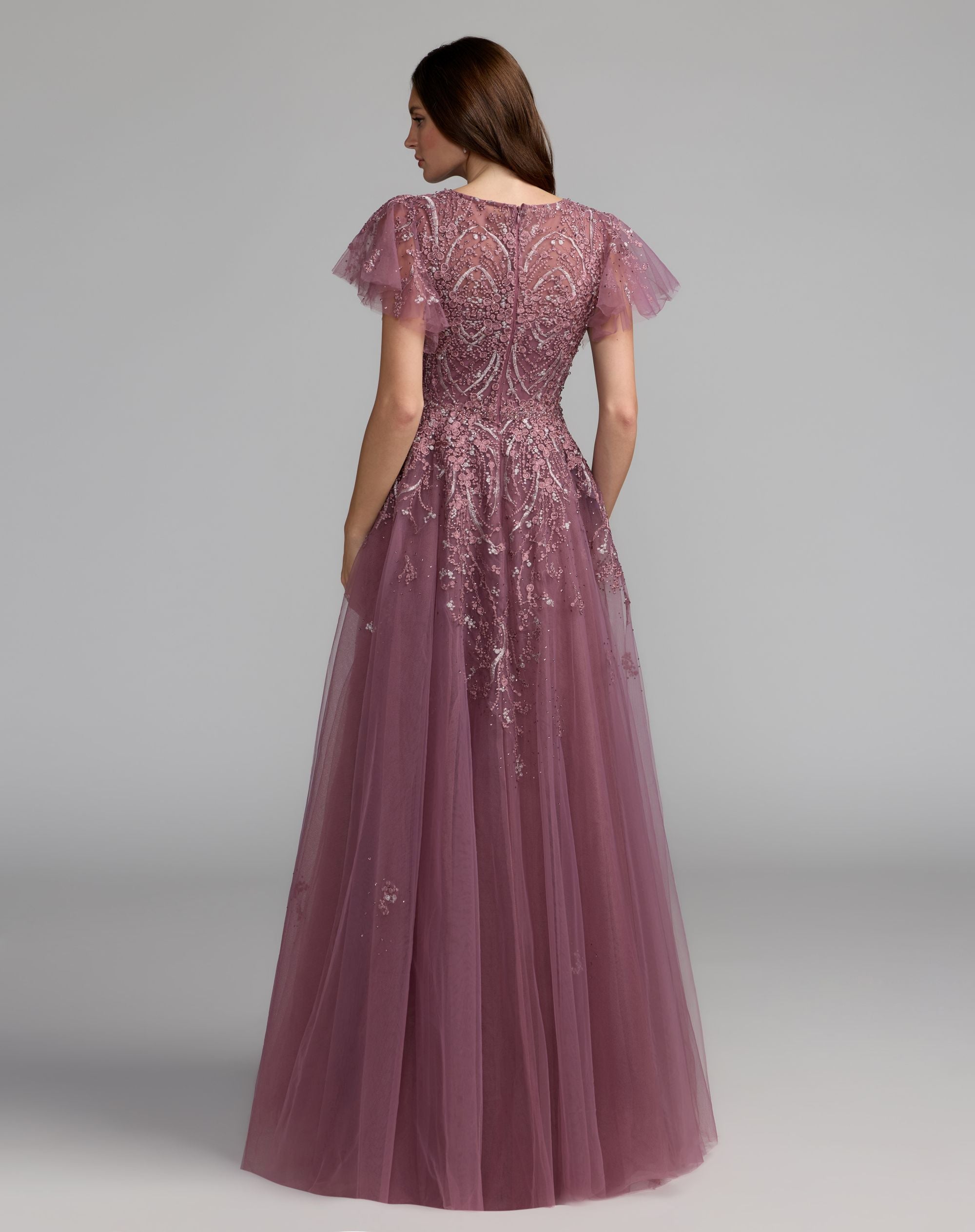 Purple Embroidered Tulle Flutter Sleeve Ball Gown - Mac Duggal