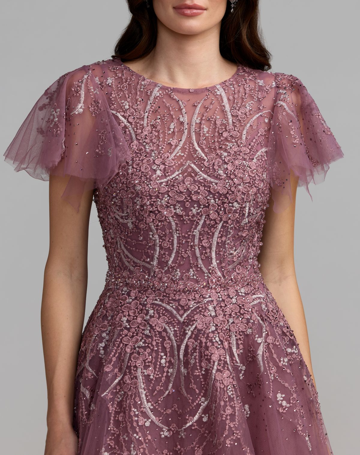 Purple Embroidered Tulle Flutter Sleeve Ball Gown - Mac Duggal