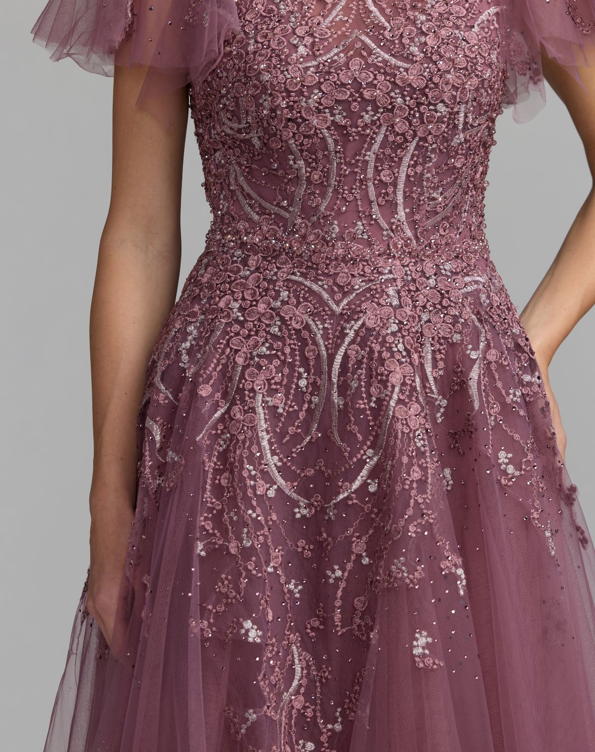 Purple Embroidered Tulle Flutter Sleeve Ball Gown - Mac Duggal