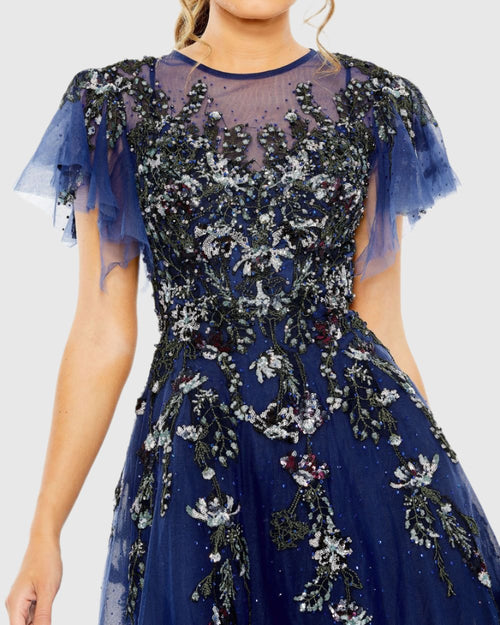 Navy Flutter Sleeve High Neck Embellished Floral Dress