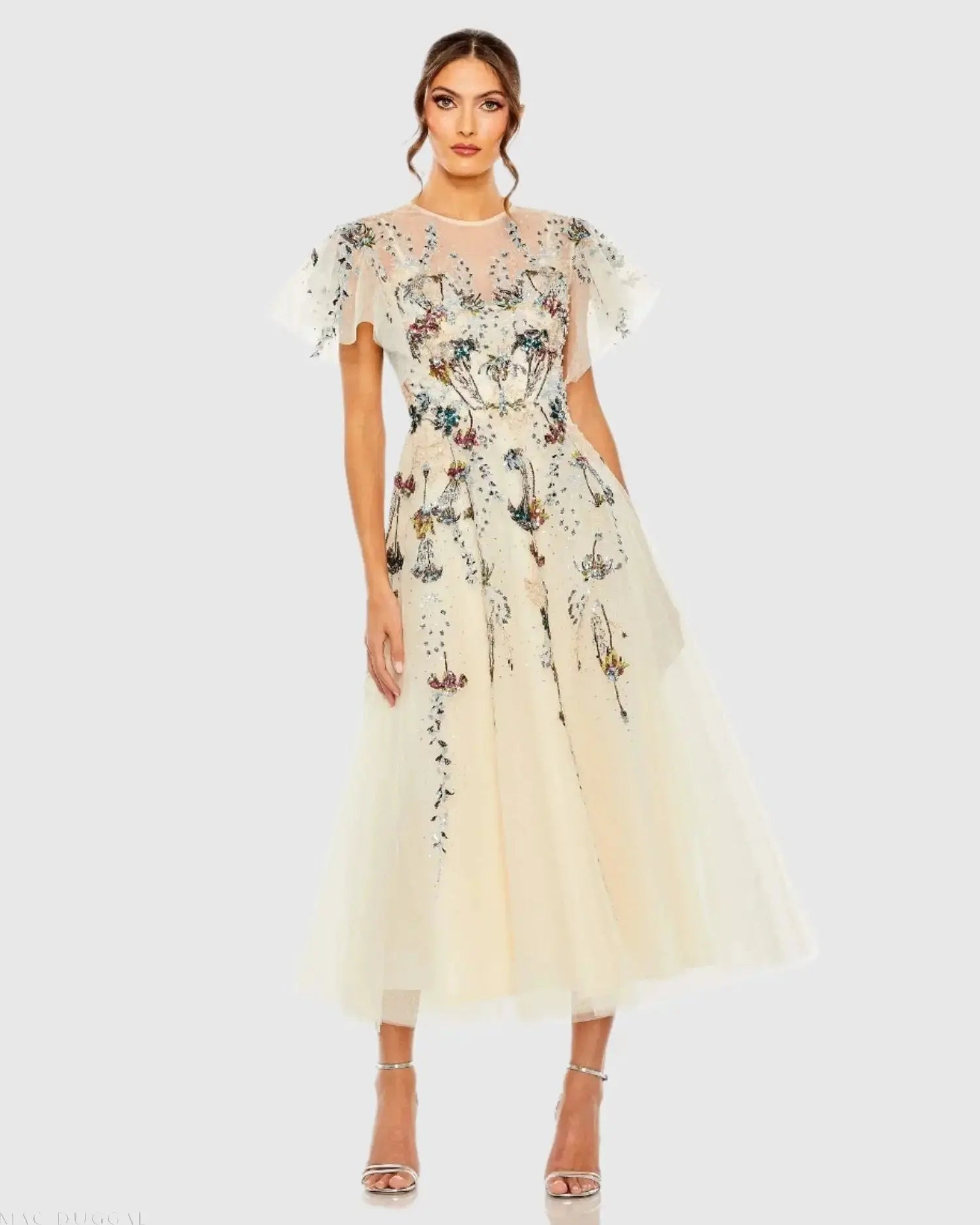 Beige Flutter Sleeve High Neck Embellished Floral Dress - Mac Duggal