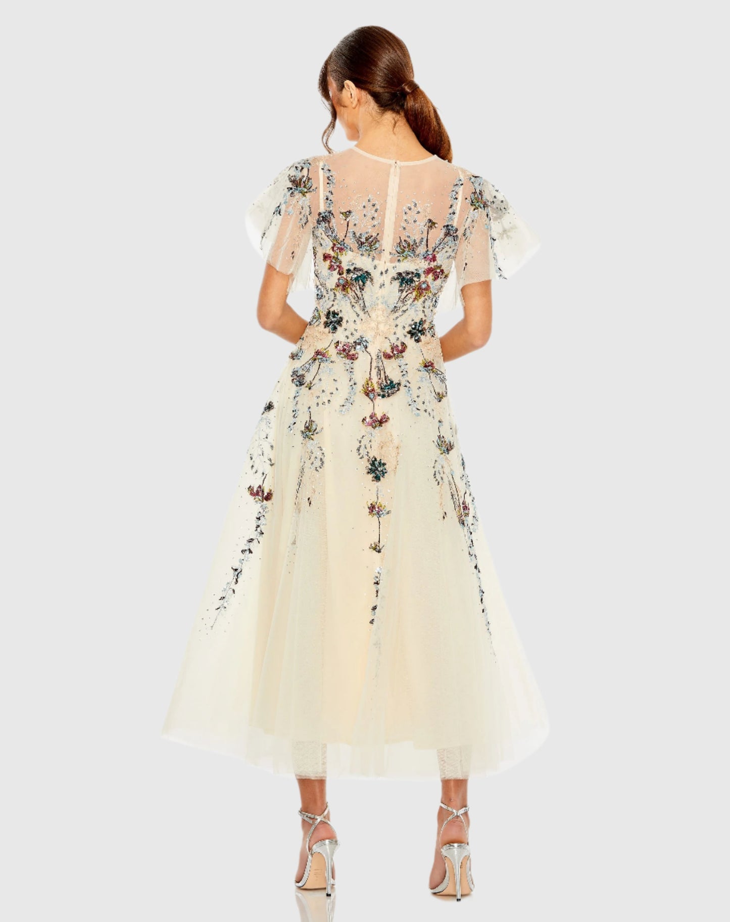 Flutter Sleeve High Neck Embellished Floral Dress