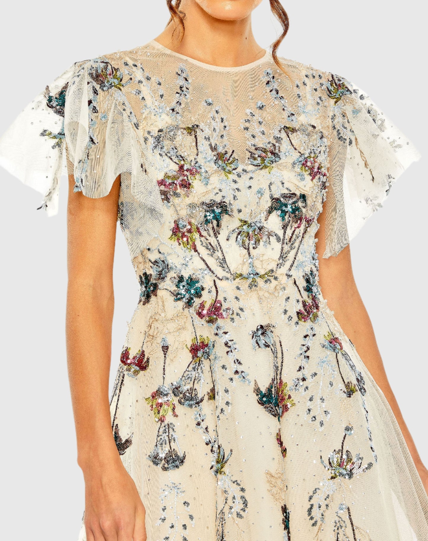 Flutter Sleeve High Neck Embellished Floral Dress