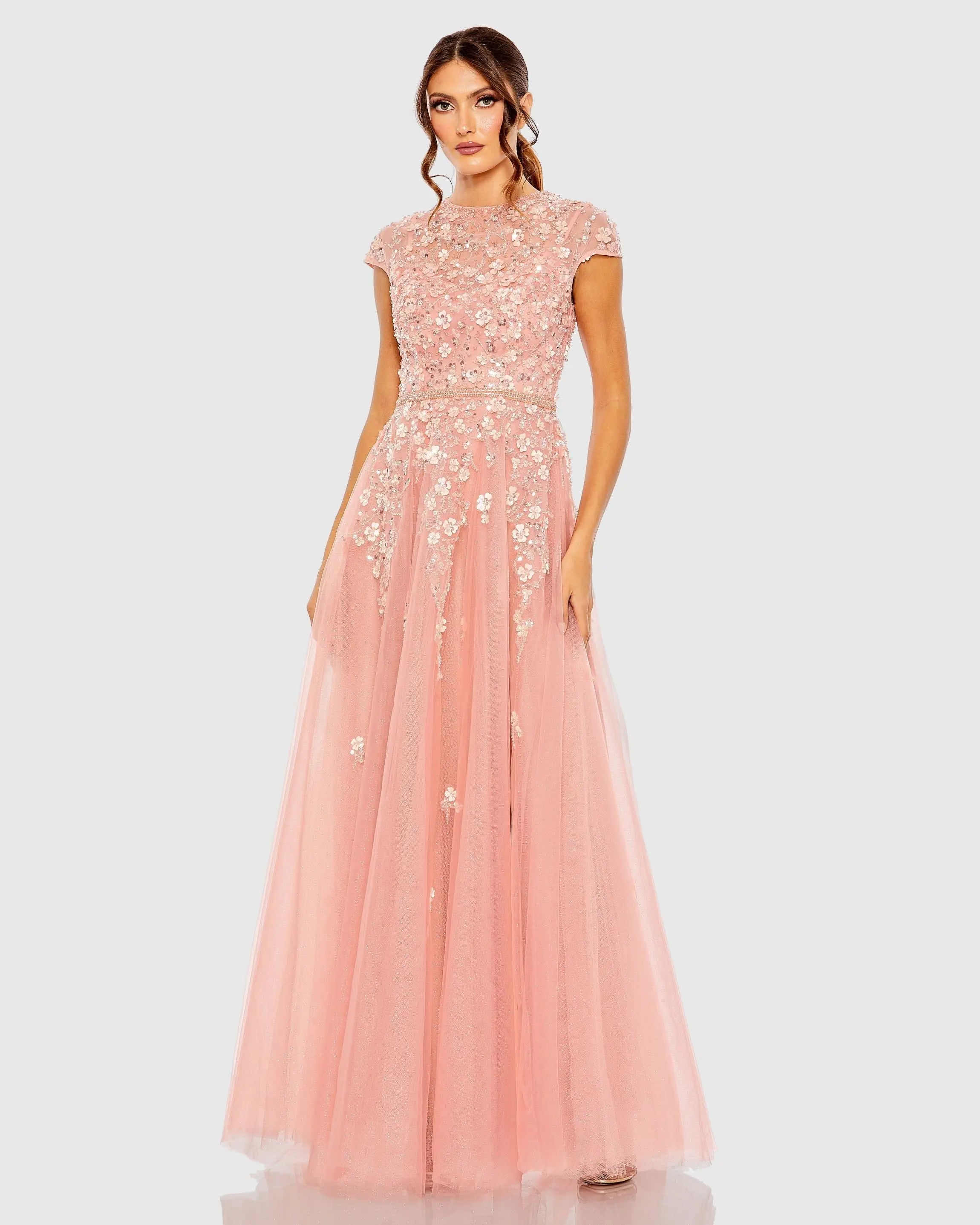 Light Pink Floral Embellished Flutter Sleeve A-Line Gown | Mac Duggal Light Pink Floral Embellished Flutter Sleeve A-Line Gown | Mac Duggal