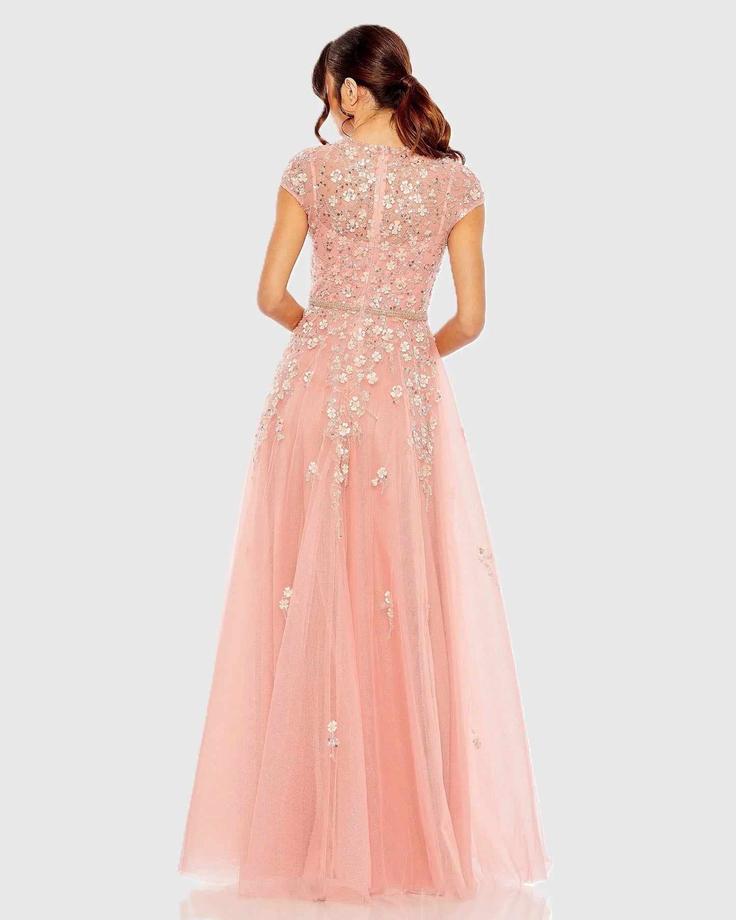Pink High Neck Cap Sleeve Embellished A Line Gown - Mac Duggal