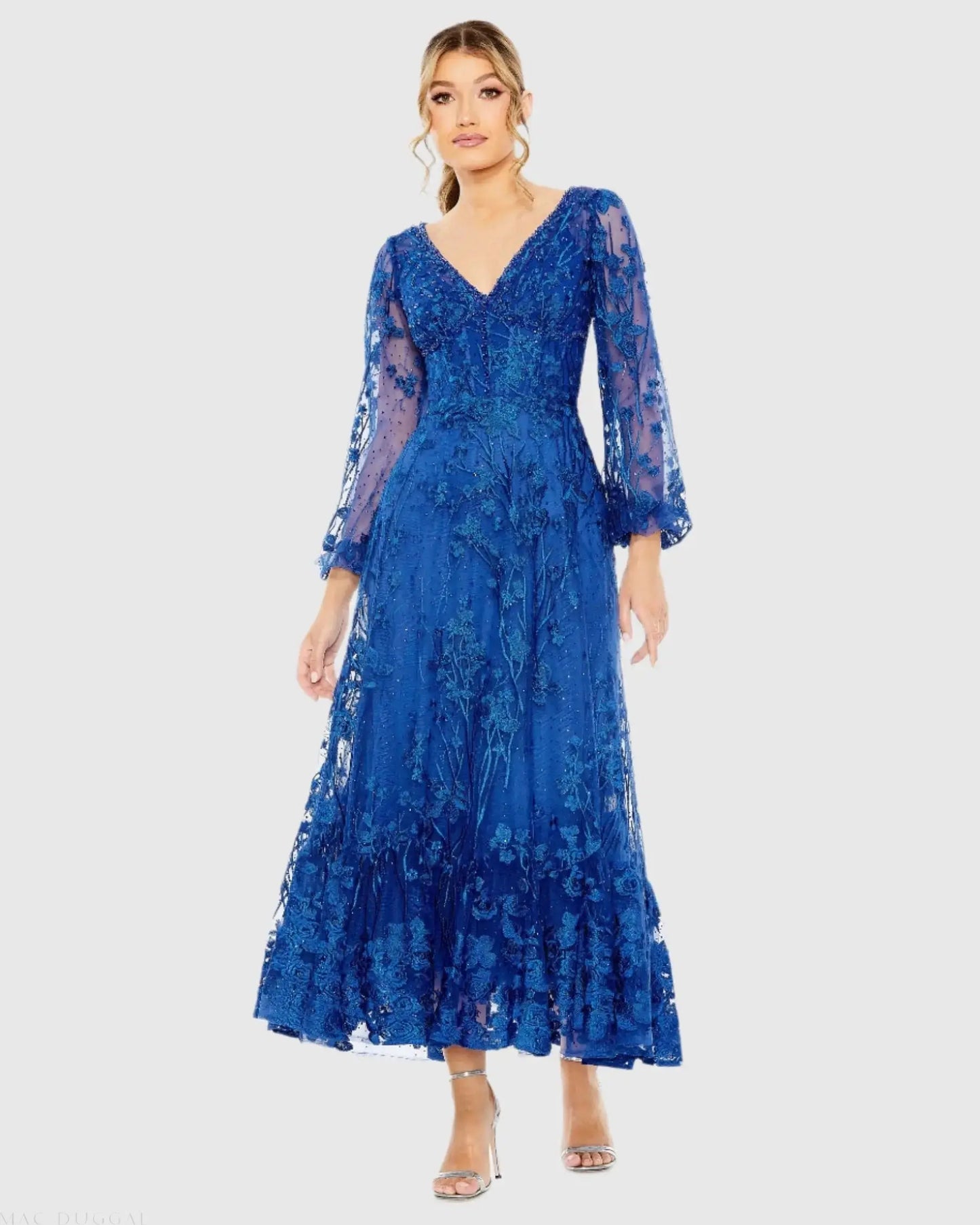 Blue V-Neck Embroidered A-line Tea Length Dress - Mac Duggal