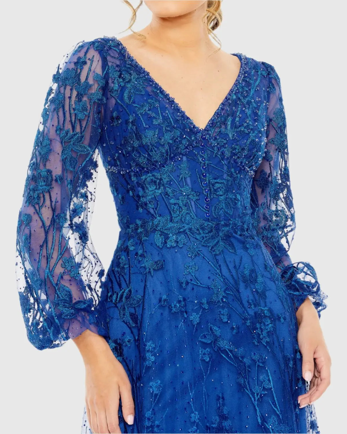 Blue V-Neck Embroidered A-line Tea Length Dress | Mac Duggal Blue V-Neck Embroidered A-line Tea Length Dress | Mac Duggal