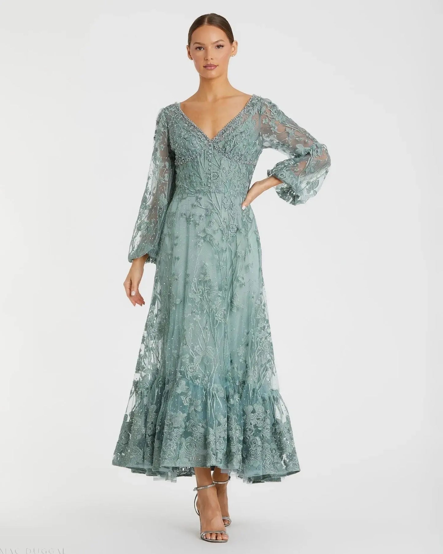 Mac Duggal A-Line Embellished Mesh Dress - Seafoam Mac Duggal A-Line Embellished Mesh Dress - Seafoam