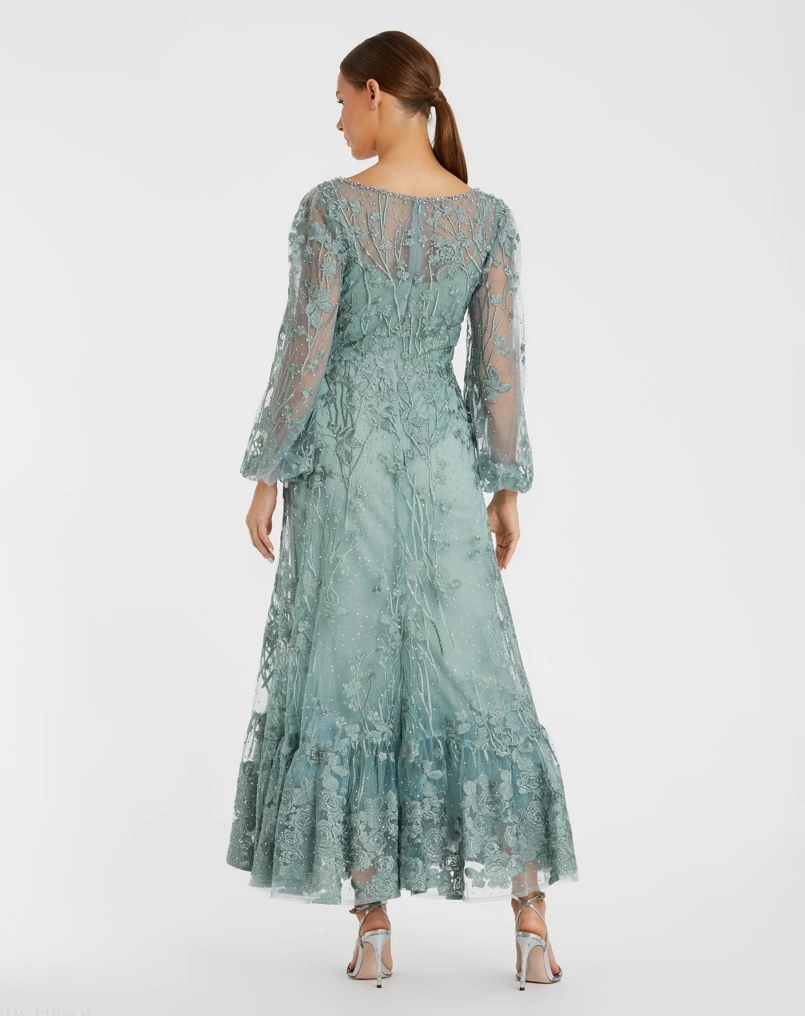 Green V-Neck Mesh Puff Sleeve A Line Embellished Tea Length Dress - Mac Duggal