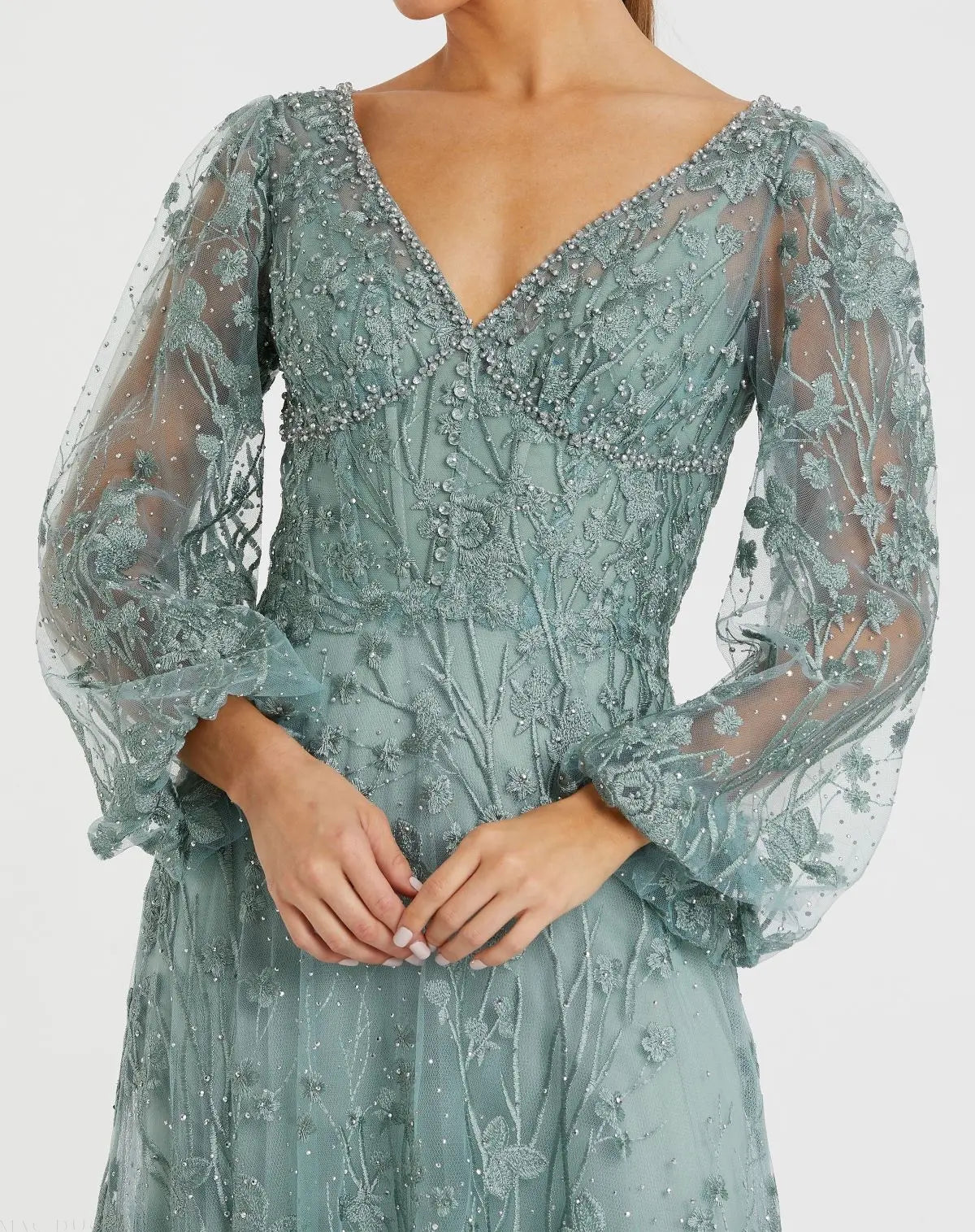 Green V-Neck Mesh Puff Sleeve A Line Embellished Tea Length Dress - Mac Duggal
