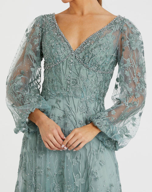 V-Neck Mesh Puff Sleeve A Line Embellished Tea Length Dress