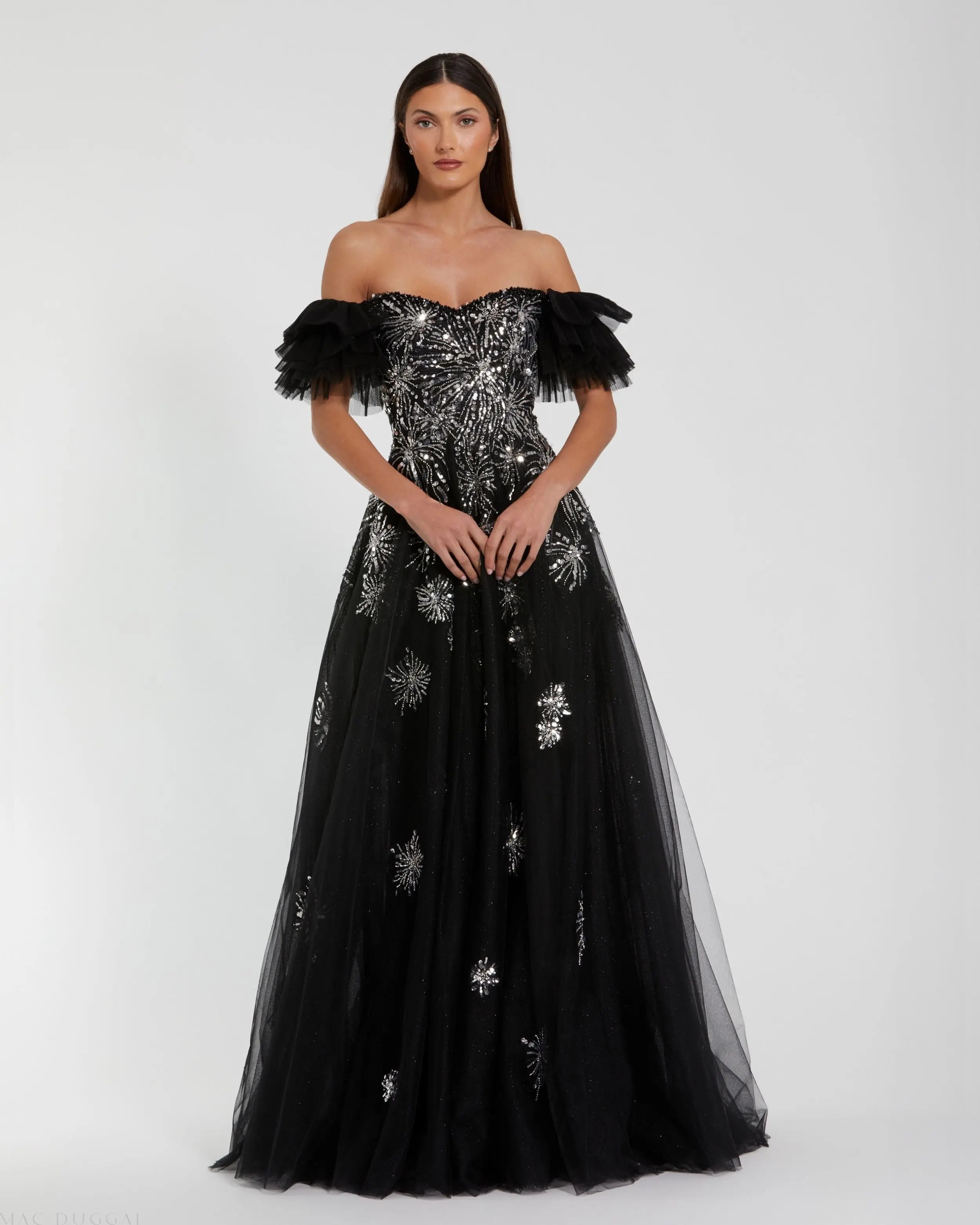 Tulle Off The Shoulder Gown With Sequin Details - Mac Duggal