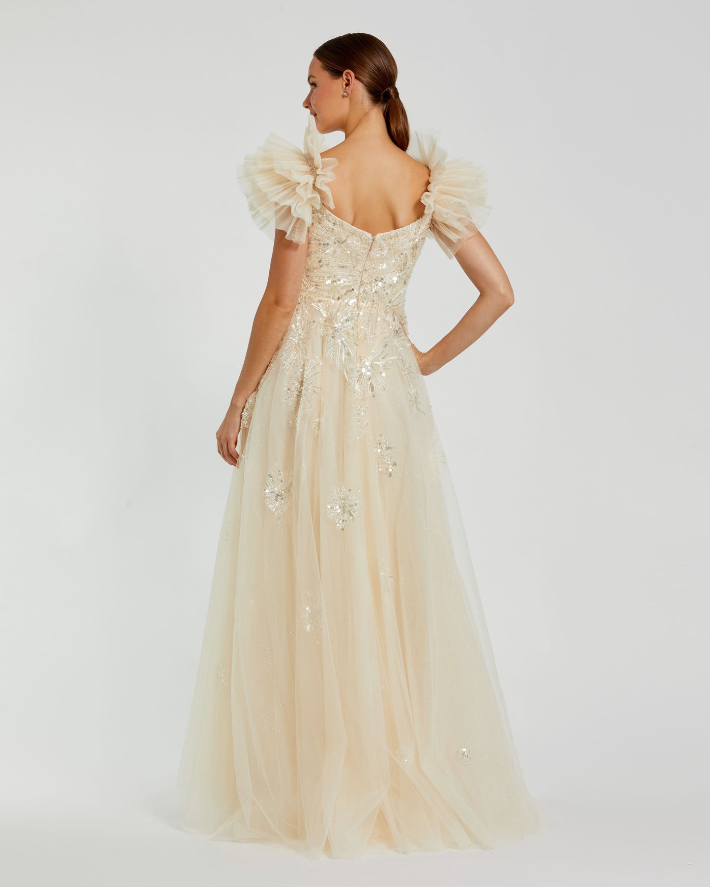 Robe en tulle à épaules dénudées avec détails en sequins | ÉCHANTILLON | SZ. 2