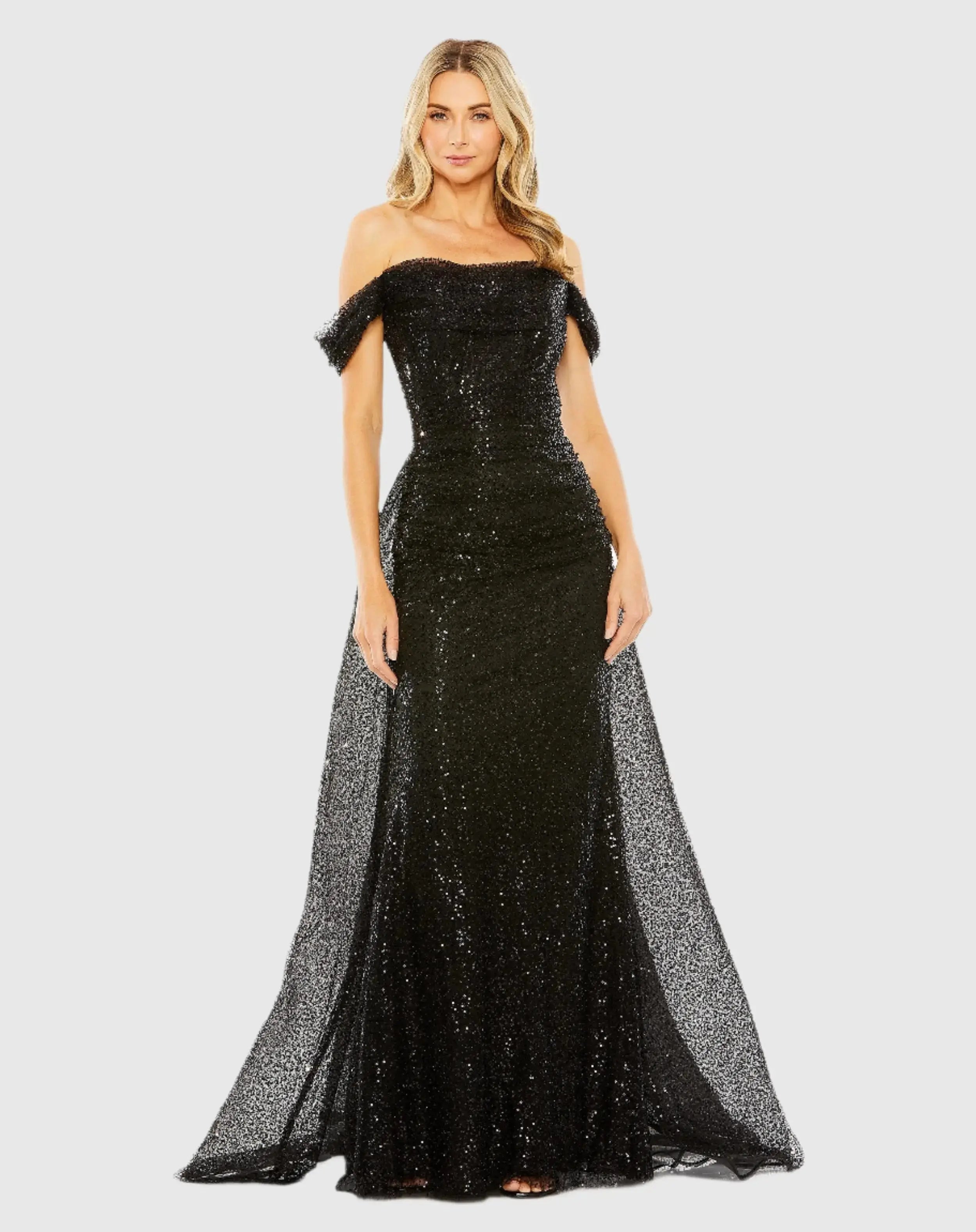 Black Off the Shoulder Sequin Panel Train Gown - Mac Duggal
