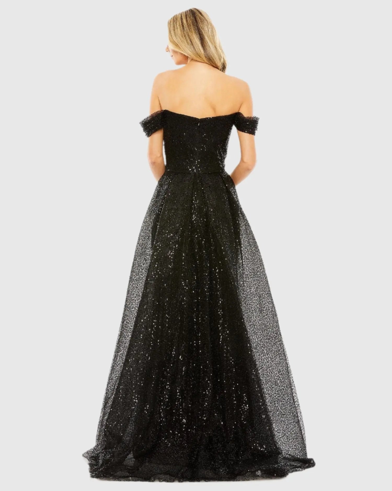 Black Off the Shoulder Sequin Panel Train Gown - Mac Duggal