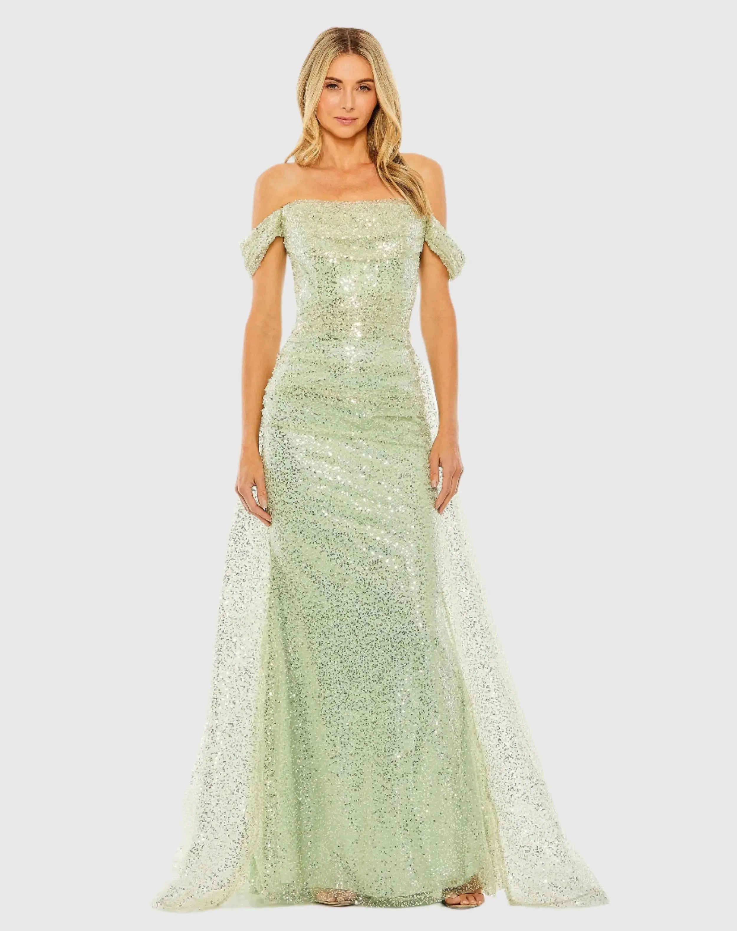 Green Off the Shoulder Sequin Panel Train Gown - Mac Duggal