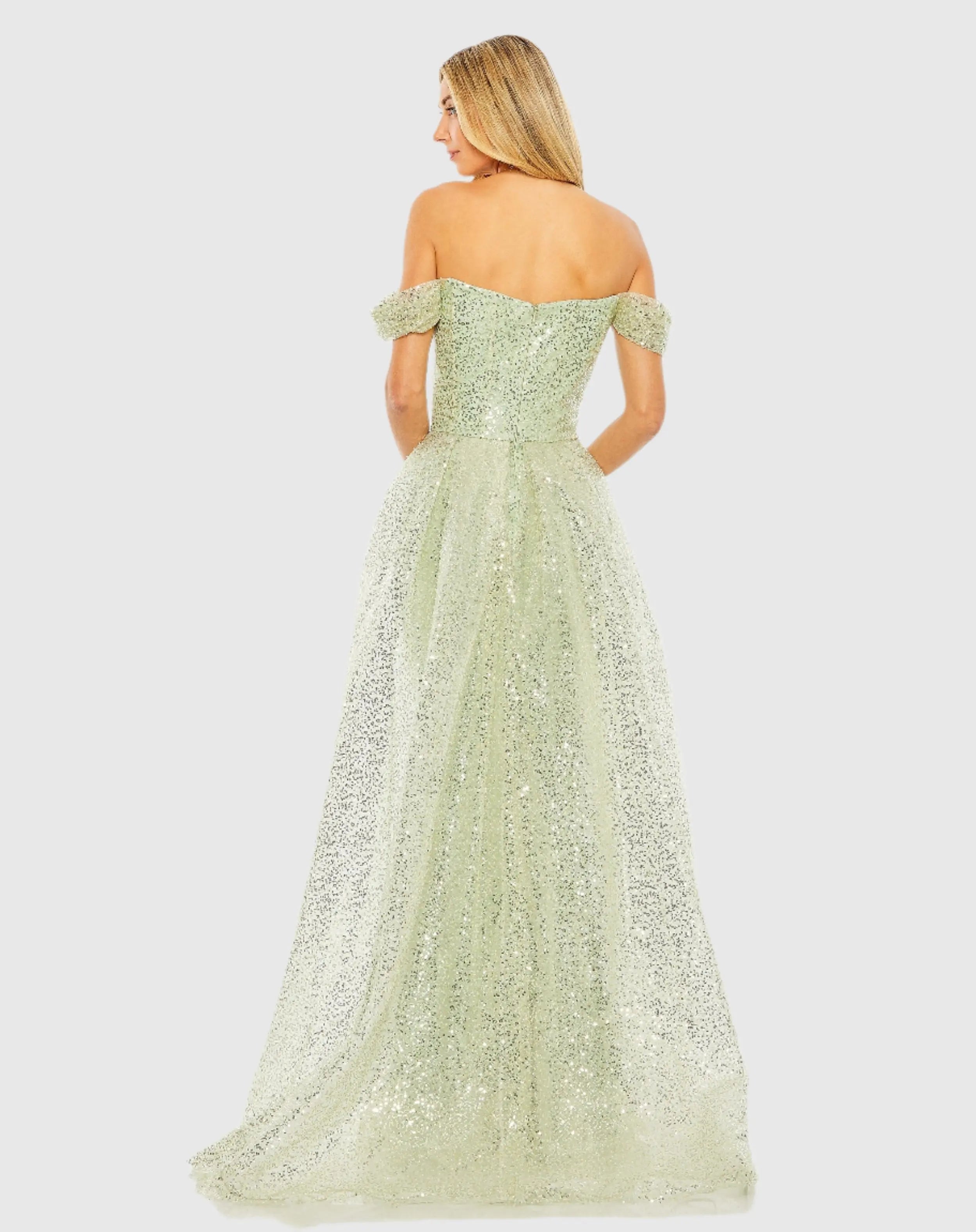 Green Off the Shoulder Sequin Panel Train Gown - Mac Duggal