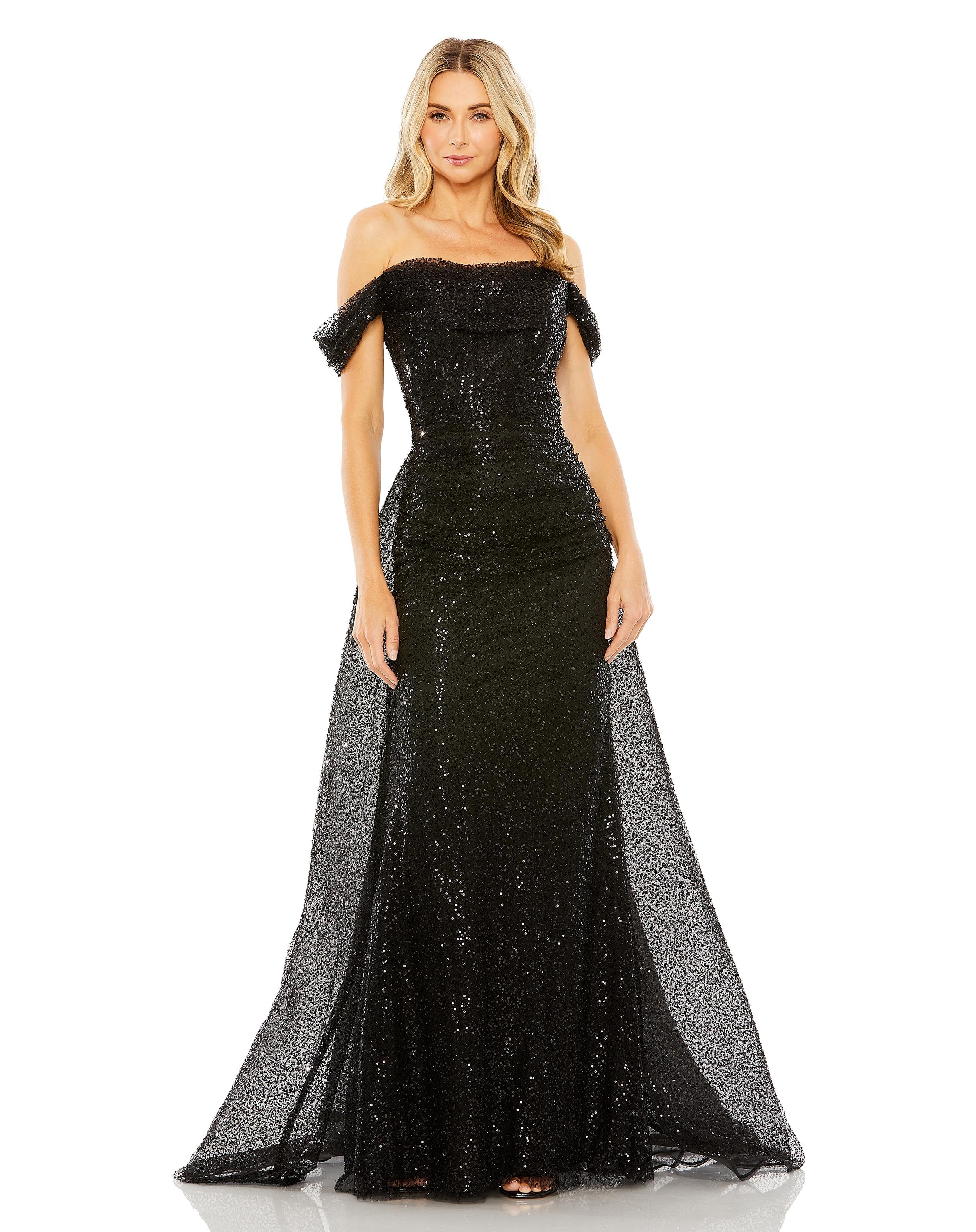 Off the Shoulder Sequin Panel Train Gown