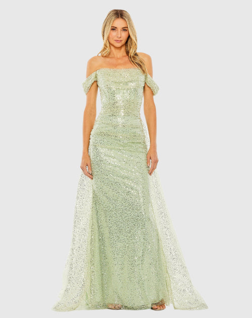 Off the Shoulder Sequin Panel Train Gown