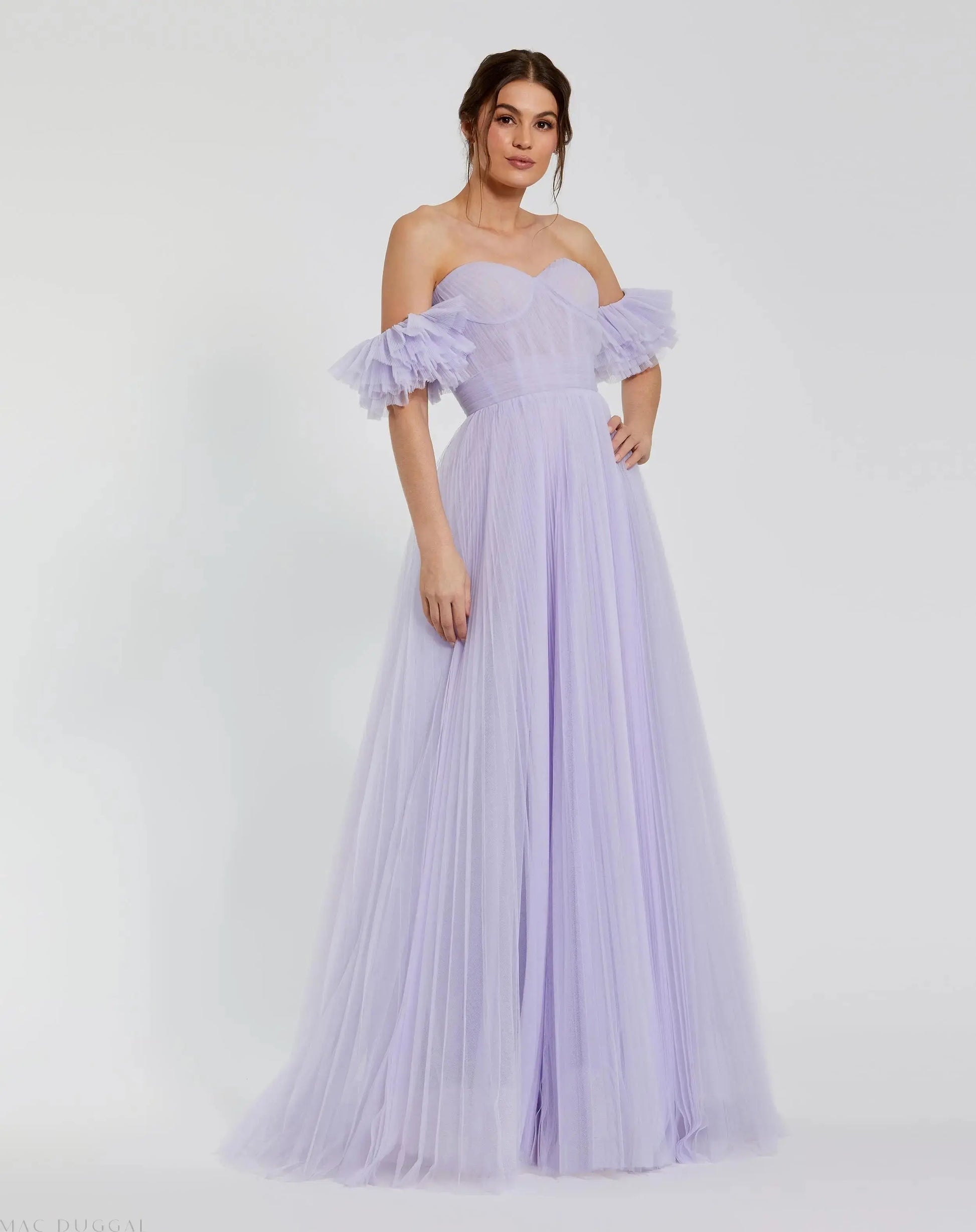 Mac Duggal - Purple Off The Shoulder Tulle A Line Gown - US 8 Mac Duggal - Purple Off The Shoulder Tulle A Line Gown - US 8
