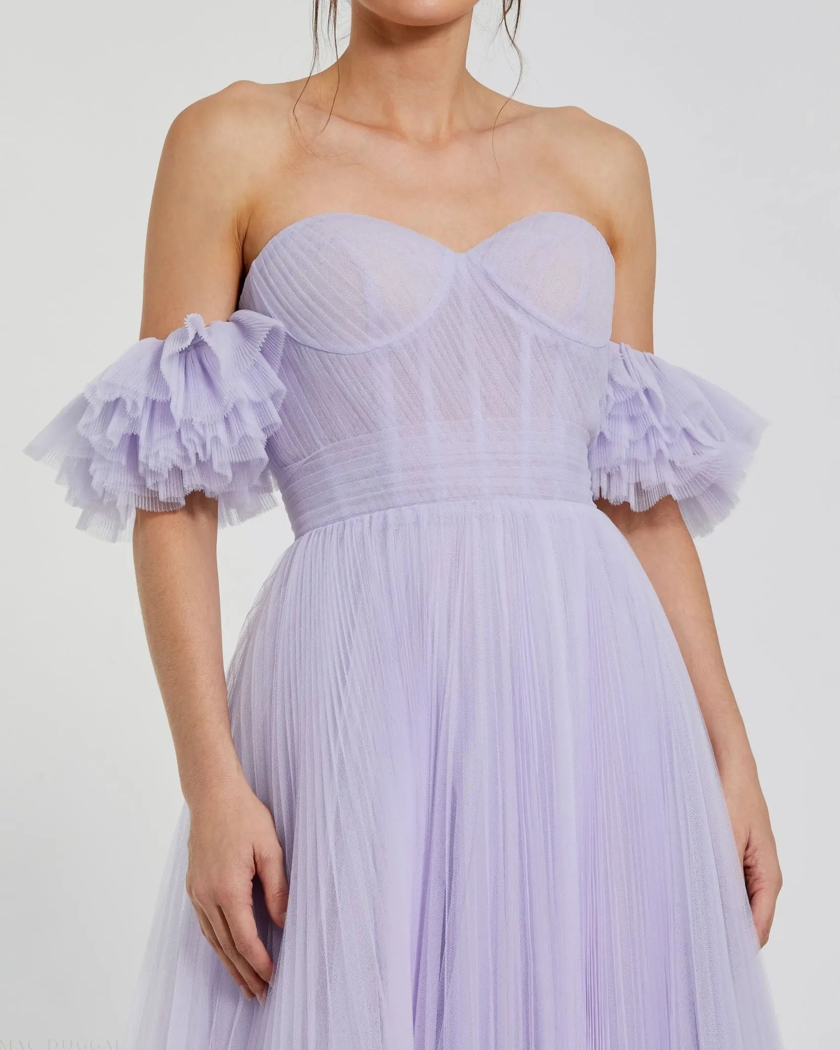 Purple Off The Shoulder Tulle A Line Gown - Mac Duggal