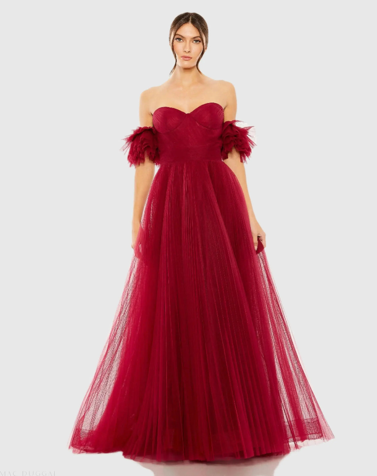 Red Off The Shoulder Tulle A Line Gown - Mac Duggal