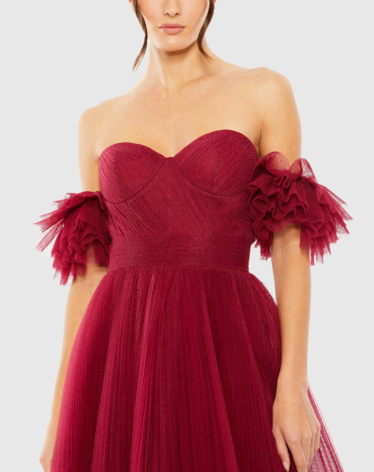 Red Off The Shoulder Tulle A Line Gown - Mac Duggal
