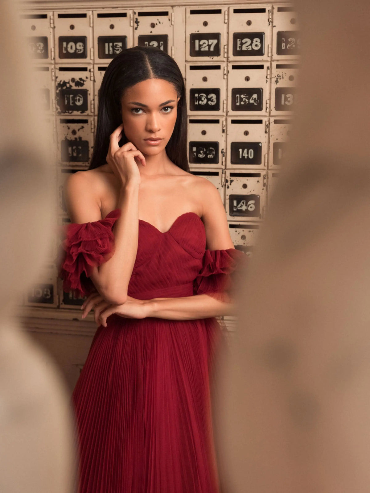 Red Off The Shoulder Tulle A Line Gown - Mac Duggal