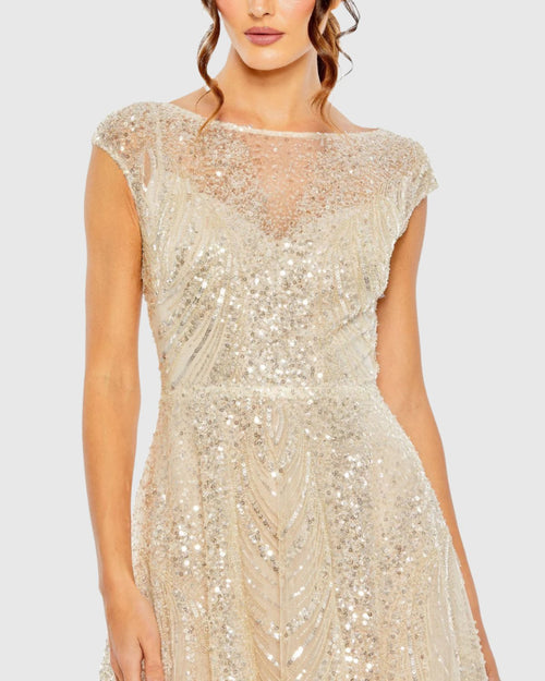 Cap Sleeve High Neck Embellished A Line Gown