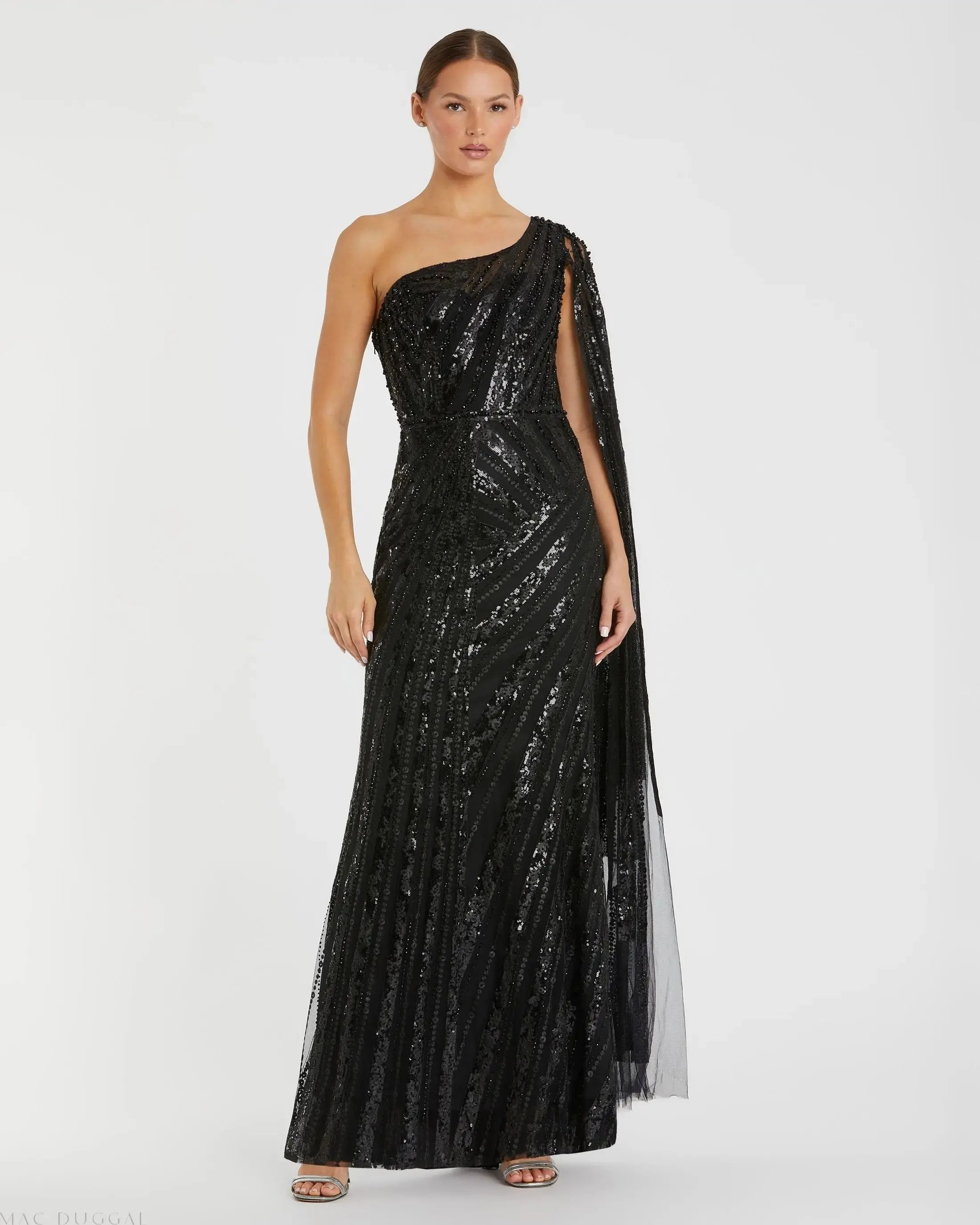 Black One Shoulder Cape Sleeve Embellished Gown - Mac Duggal