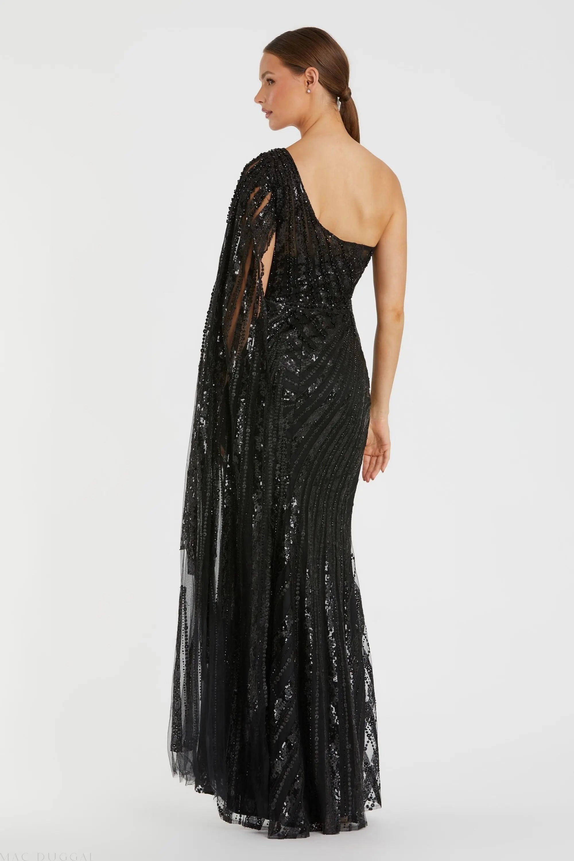 Black One Shoulder Cape Sleeve Embellished Gown - Mac Duggal