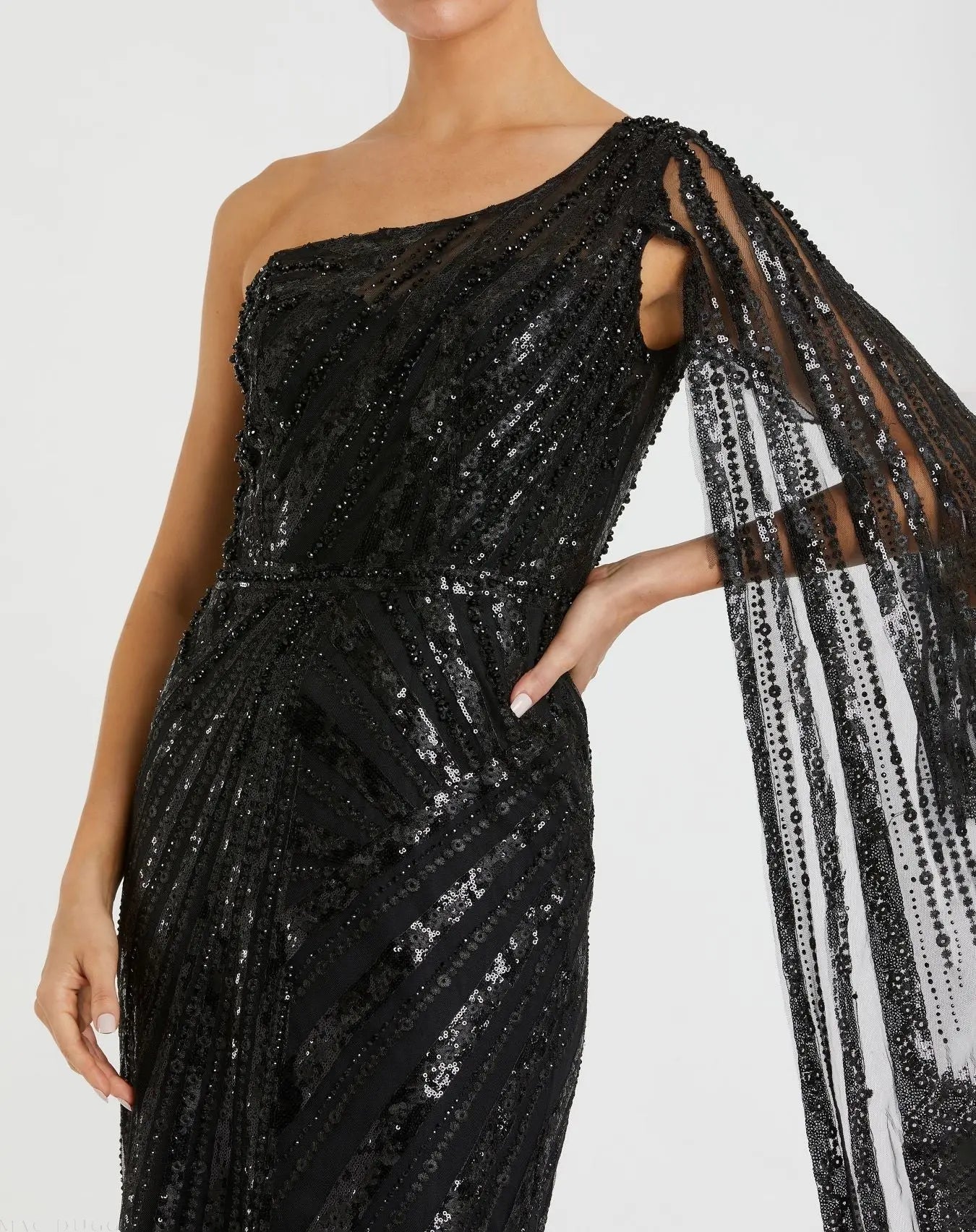 Black One Shoulder Cape Sleeve Embellished Gown Black One Shoulder Cape Sleeve Embellished Gown