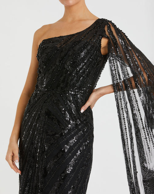 Black One Shoulder Cape Sleeve Embellished Gown