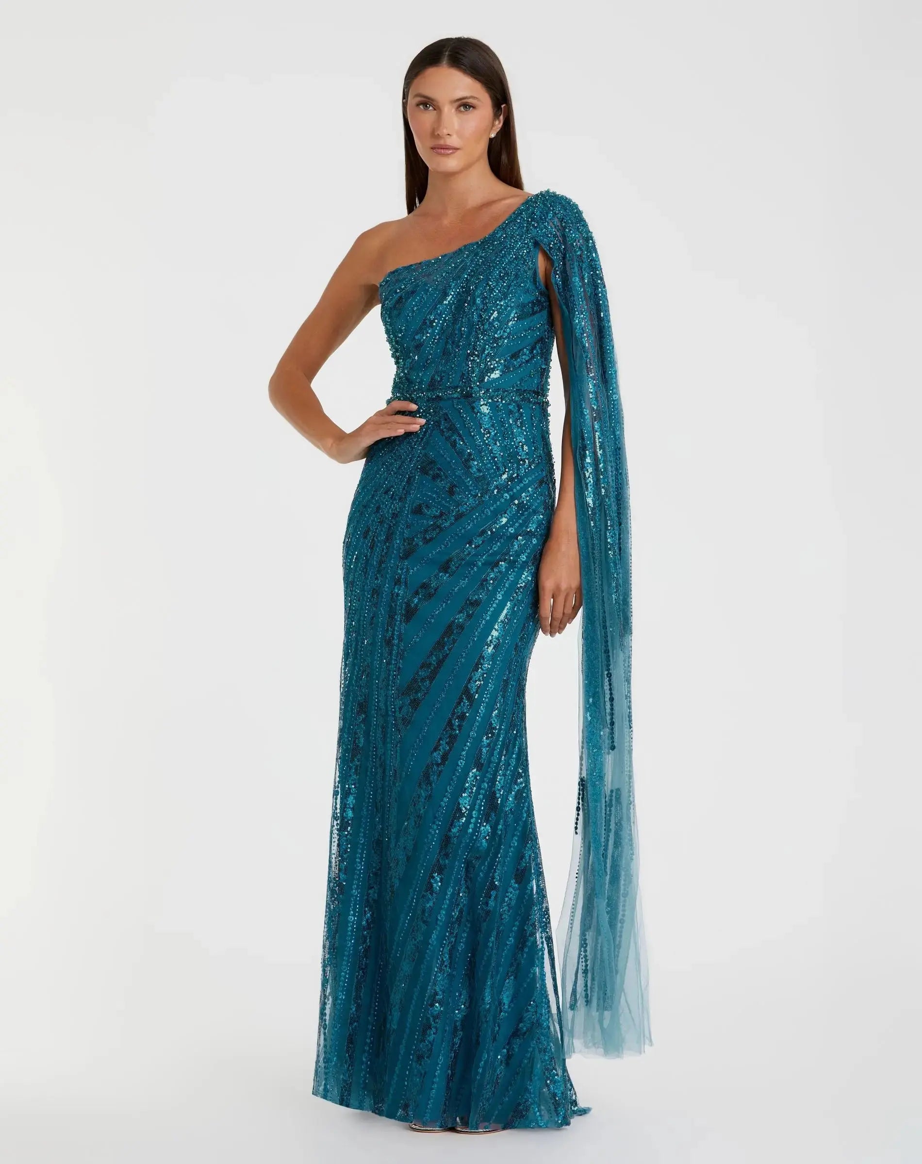 Blue One Shoulder Cape Sleeve Embellished Gown - Mac Duggal