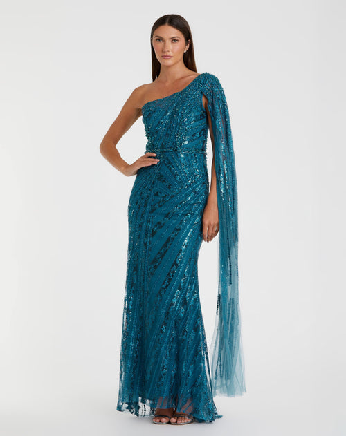 One Shoulder Cape Sleeve Embellished Gown