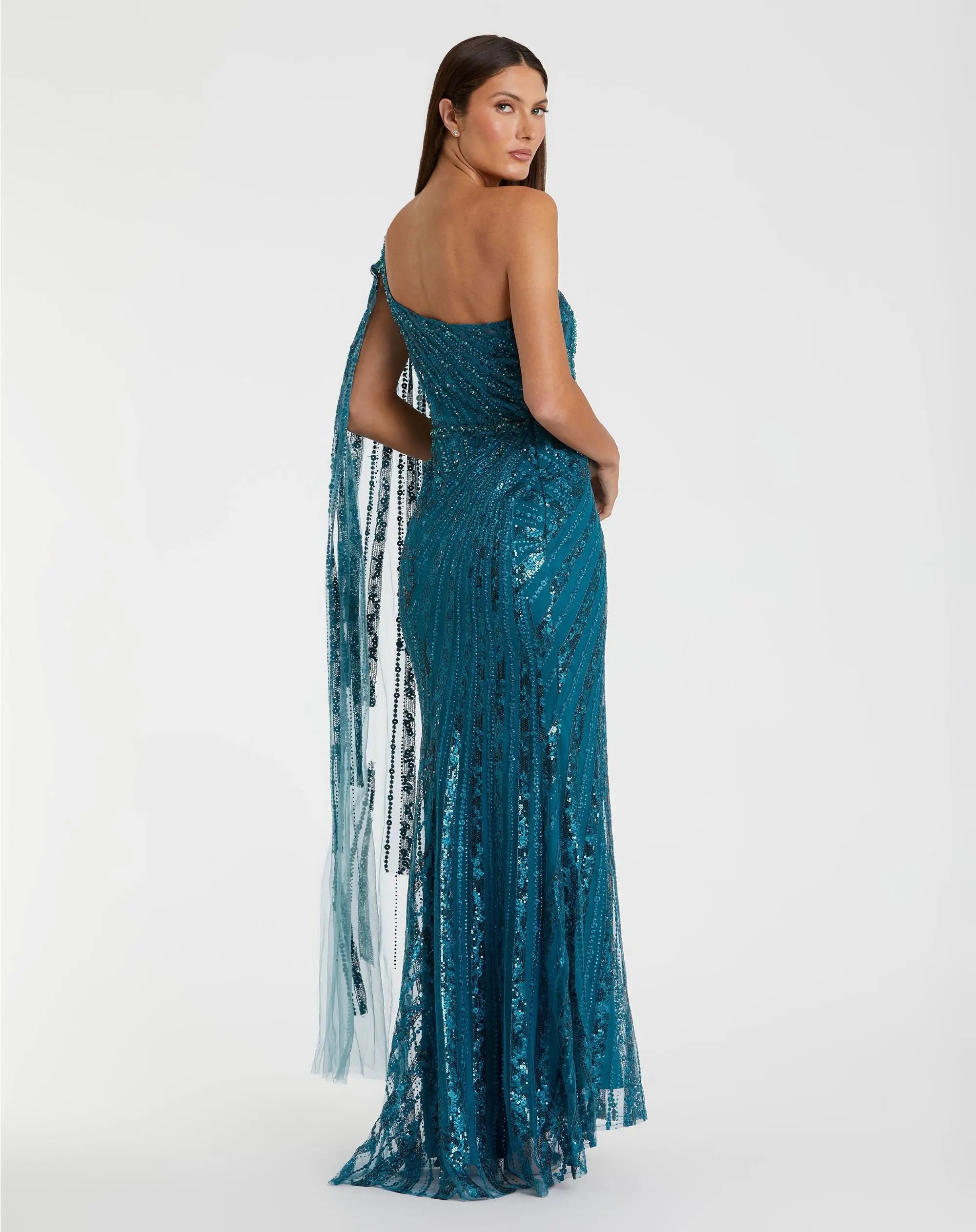 Blue One Shoulder Cape Sleeve Embellished Gown - Mac Duggal