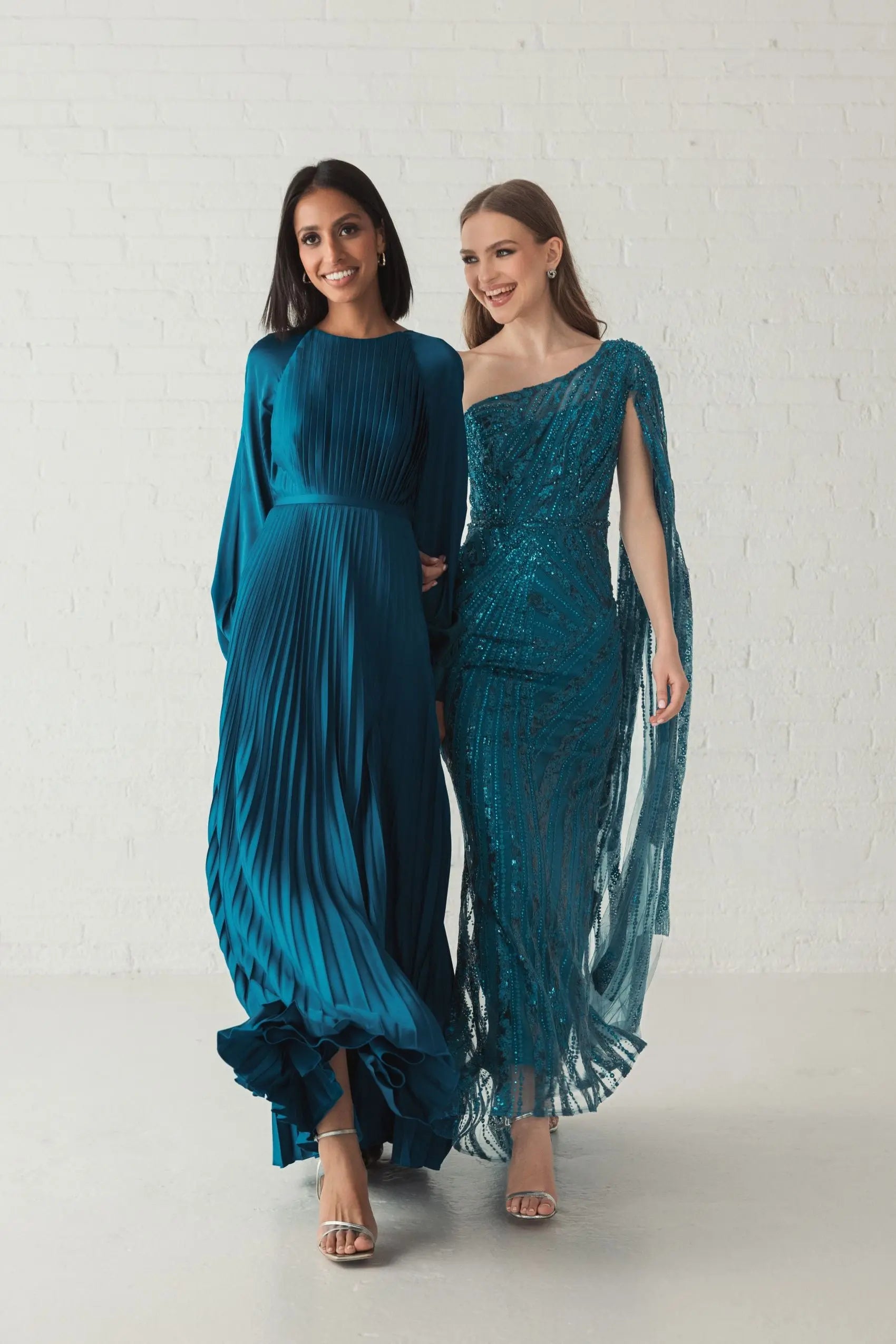 Blue Pleated High Neck Raglan Long Sleeve Side Slit Gown - Ieena for Mac Duggal